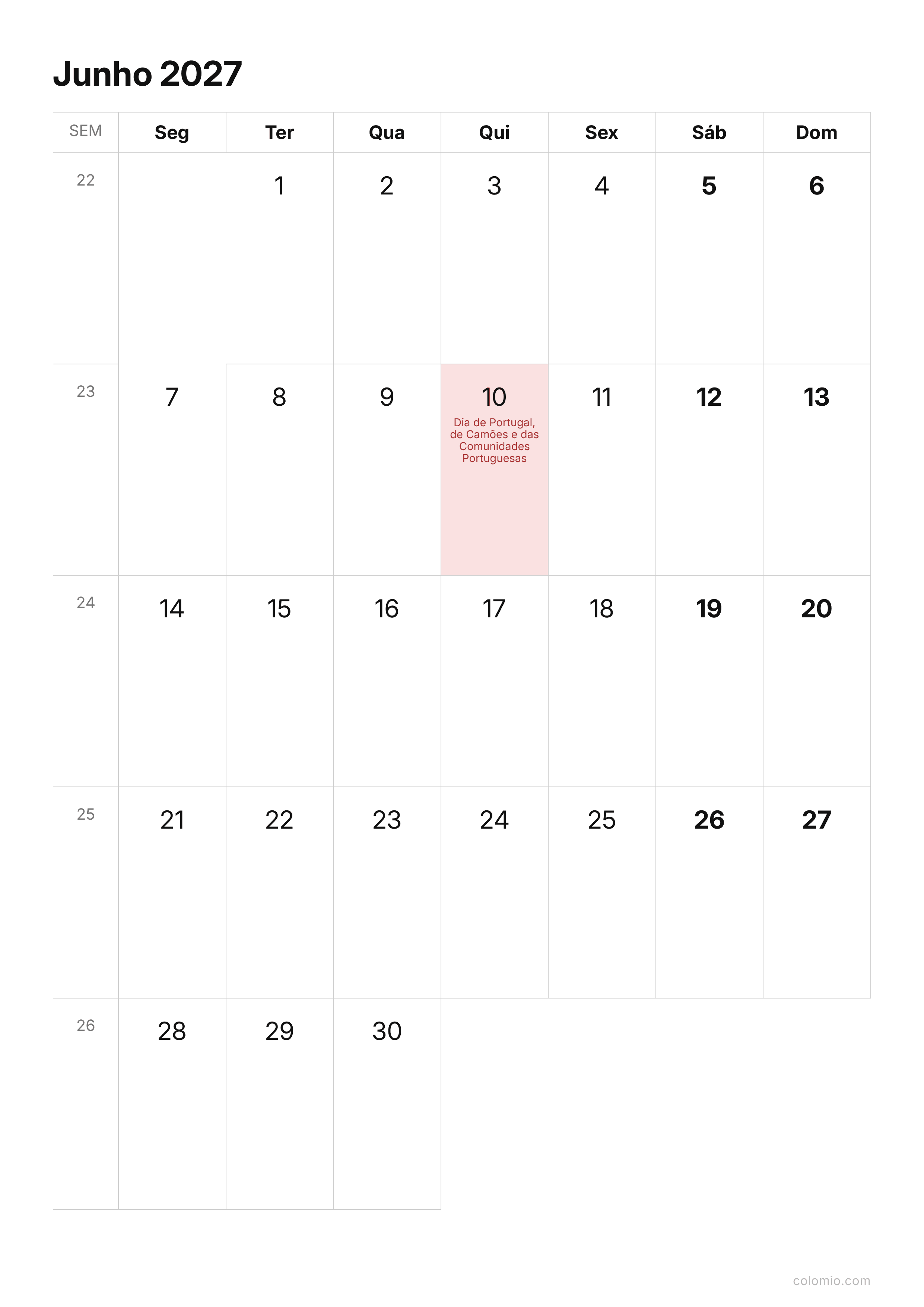 Calendário Junho 2027 compacto · vertical, PDF para imprimir