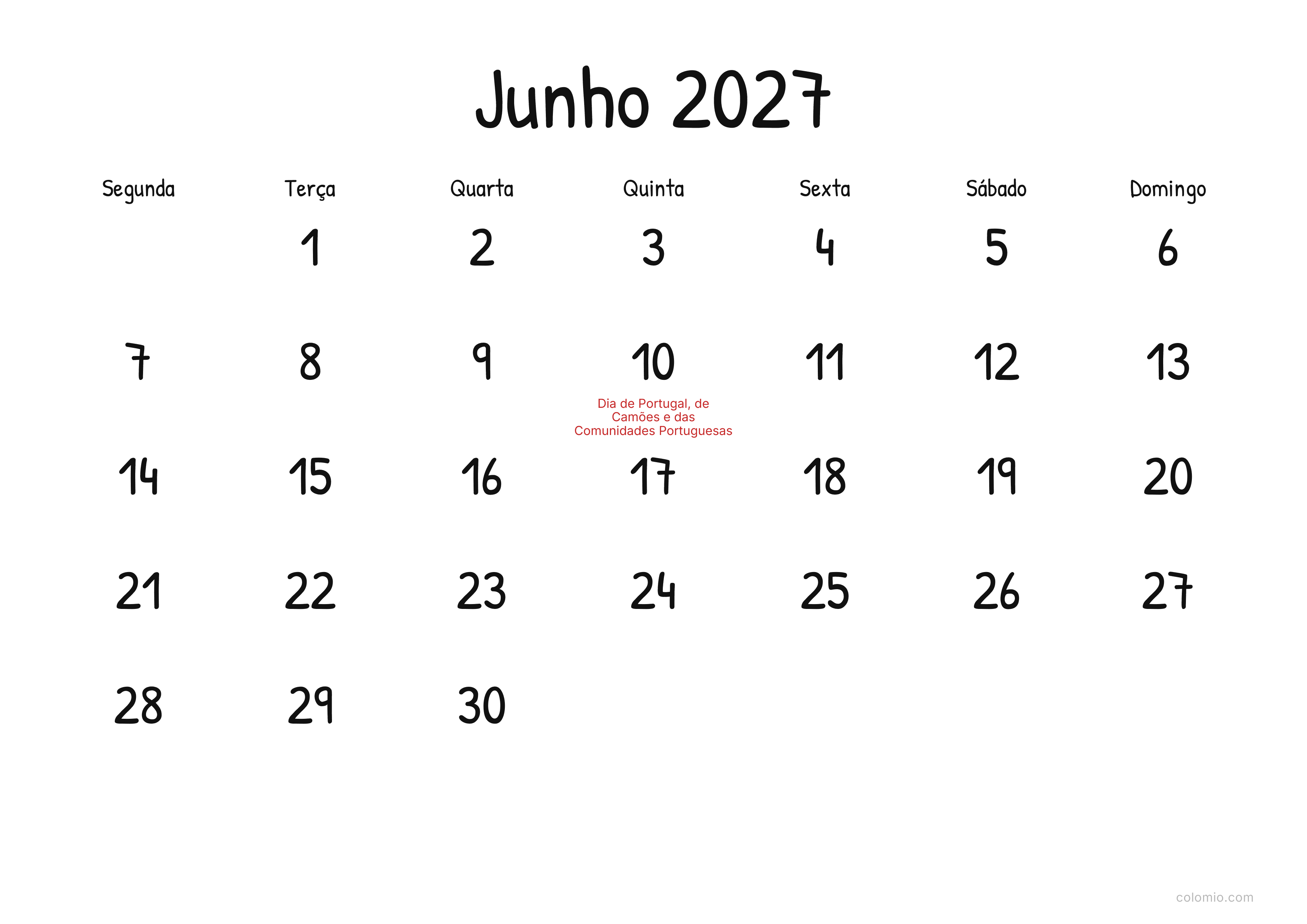 Calendário Junho 2027 display · horizontal, PDF para imprimir