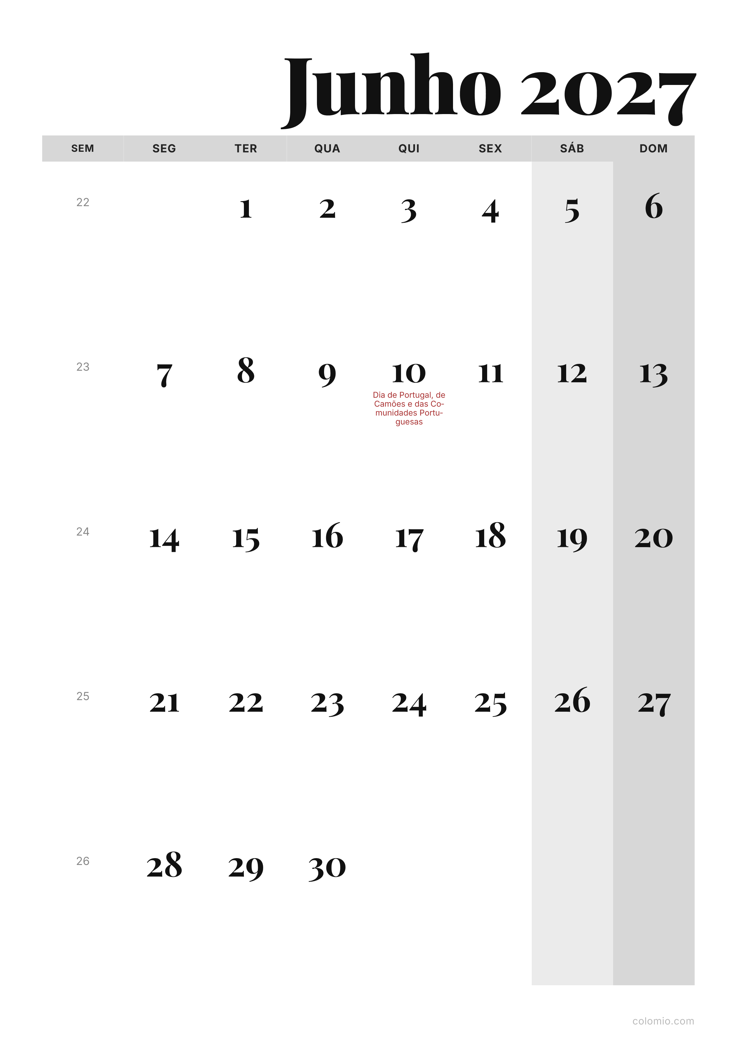 Calendário Junho 2027 editorial · vertical, PDF para imprimir