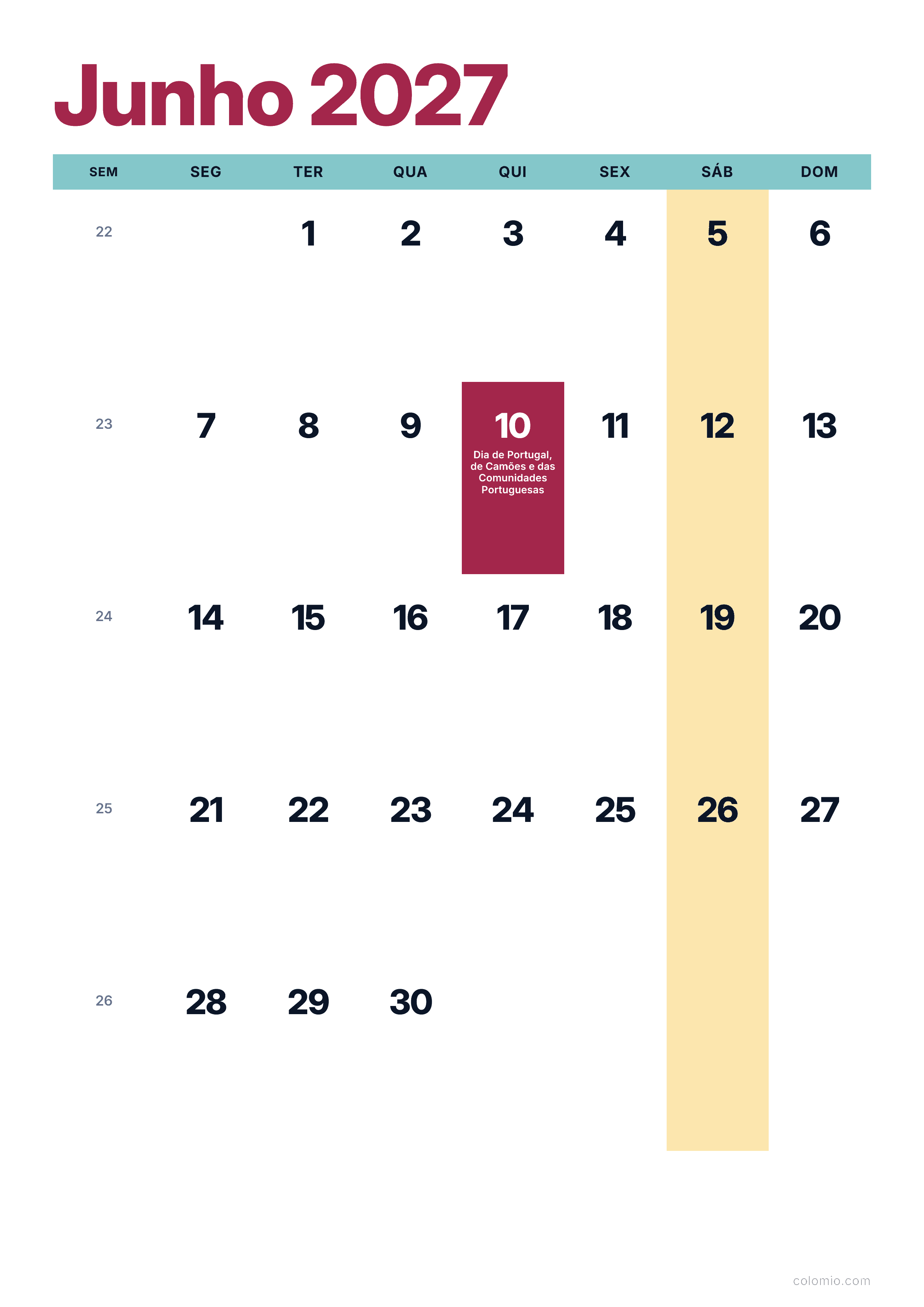 Calendário Junho 2027 colorido & moderno · vertical, PDF para imprimir