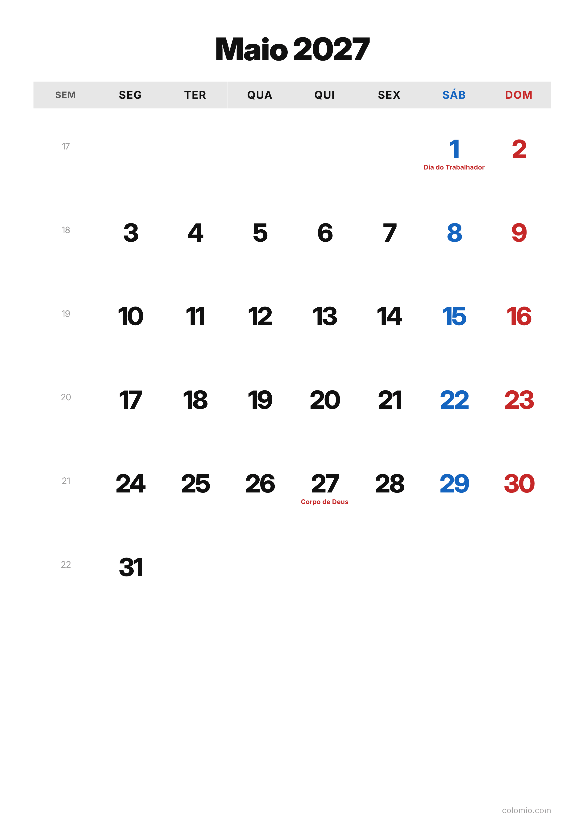 Calendário Maio 2027 clássico · vertical, PDF para imprimir