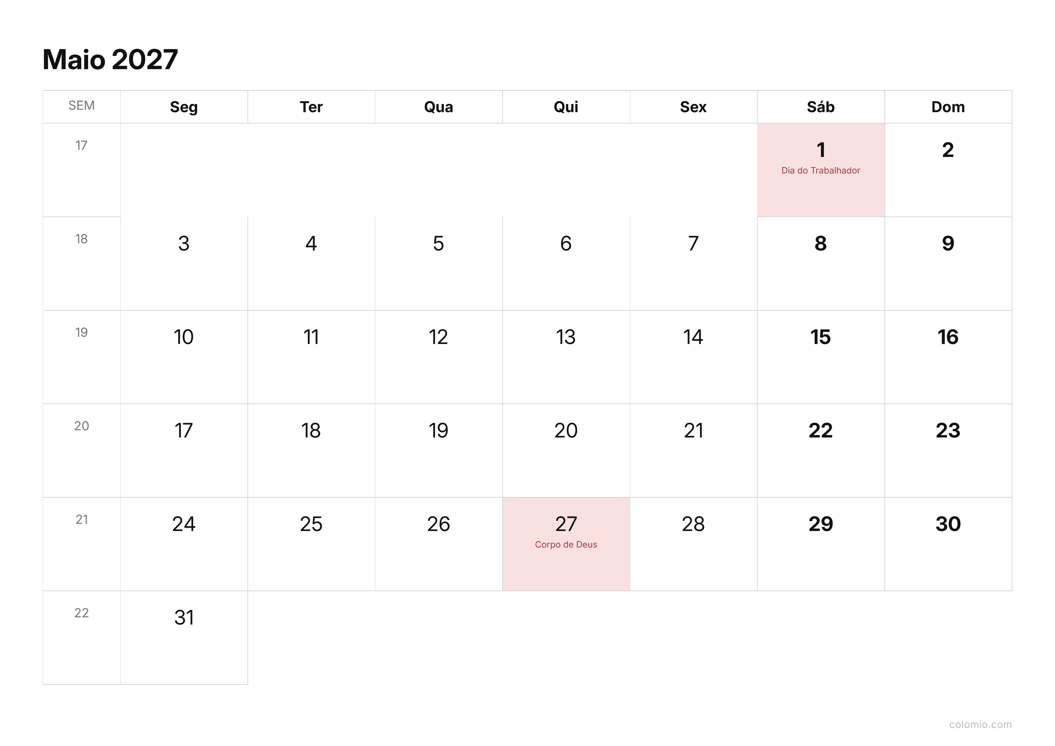 Calendário Maio 2027 compacto · horizontal, PDF para imprimir