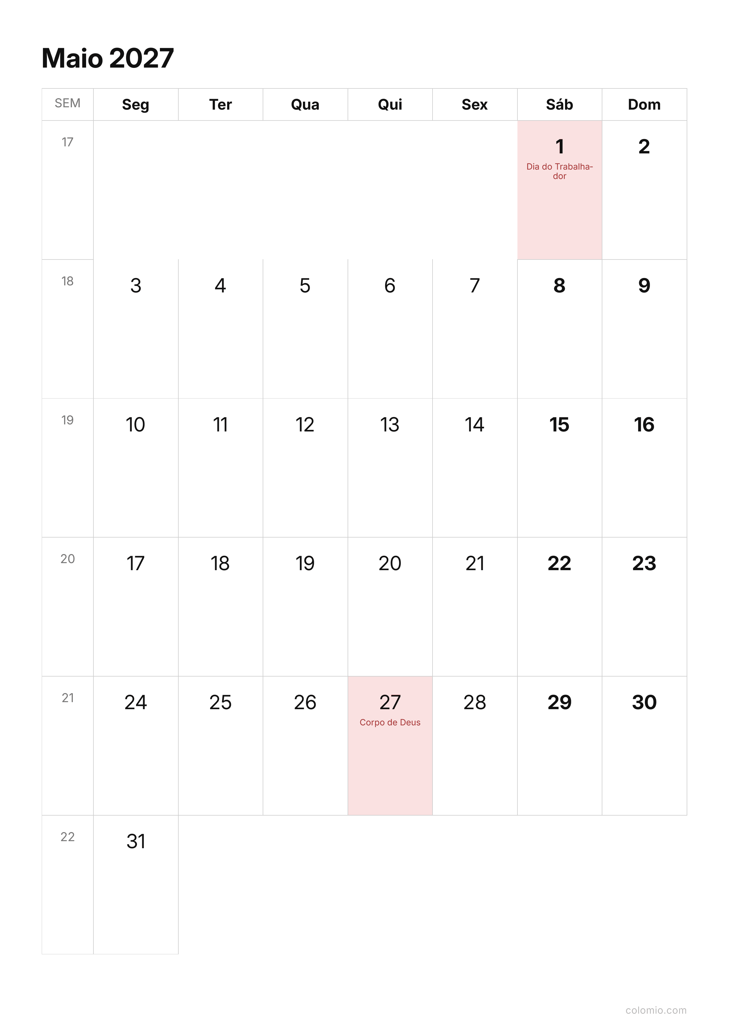 Calendário Maio 2027 compacto · vertical, PDF para imprimir