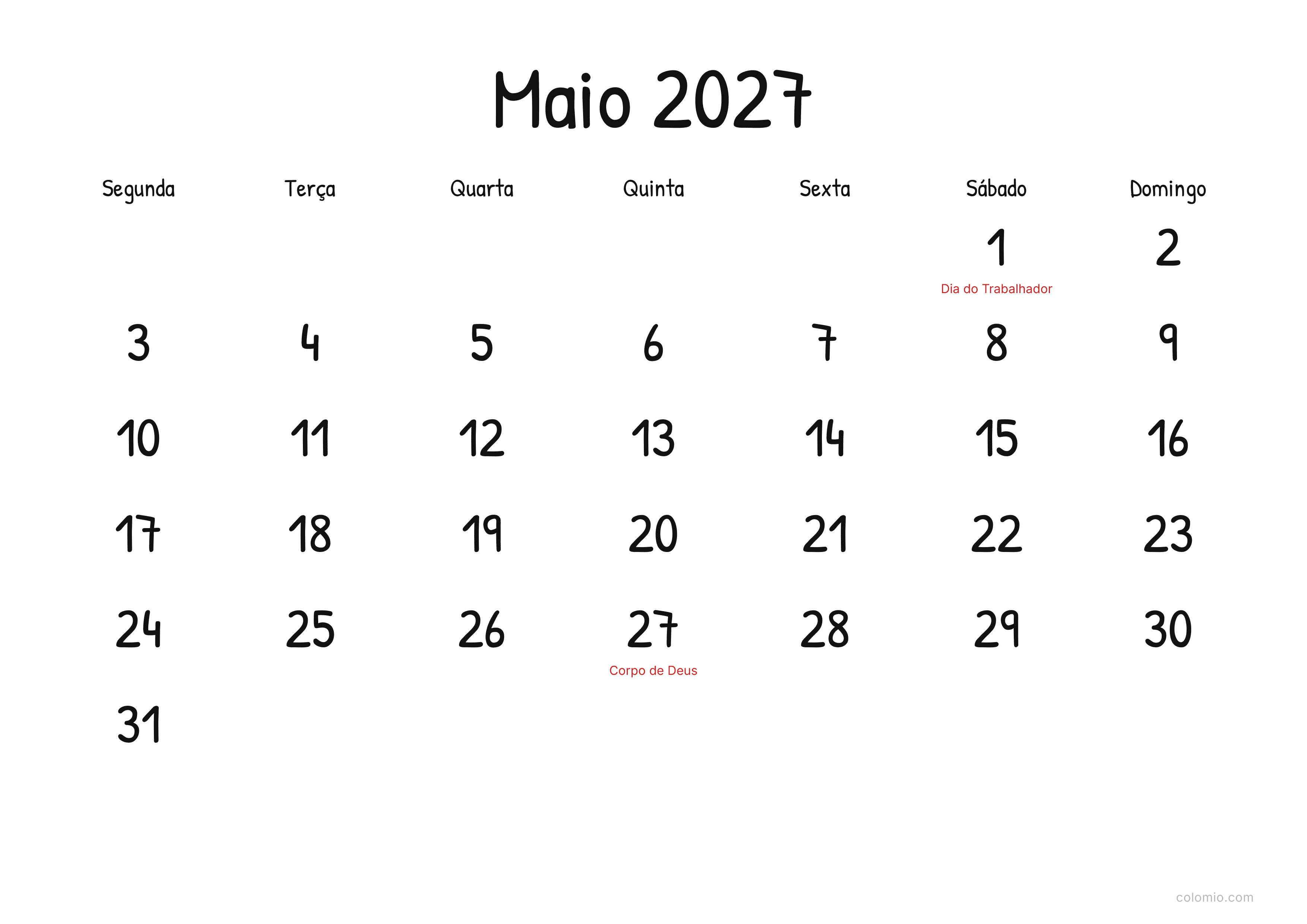 Calendário Maio 2027 display · horizontal, PDF para imprimir