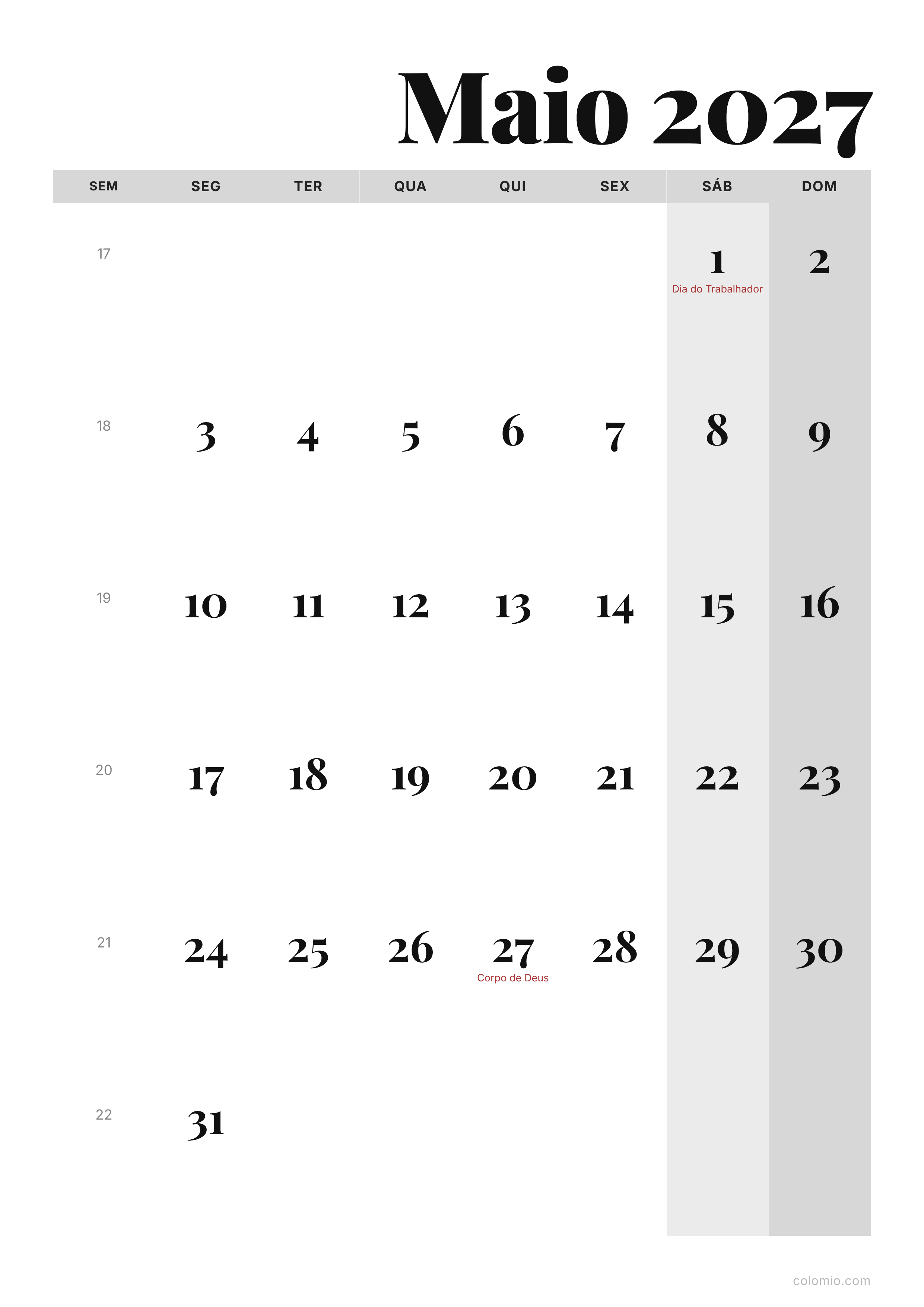 Calendário Maio 2027 editorial · vertical, PDF para imprimir