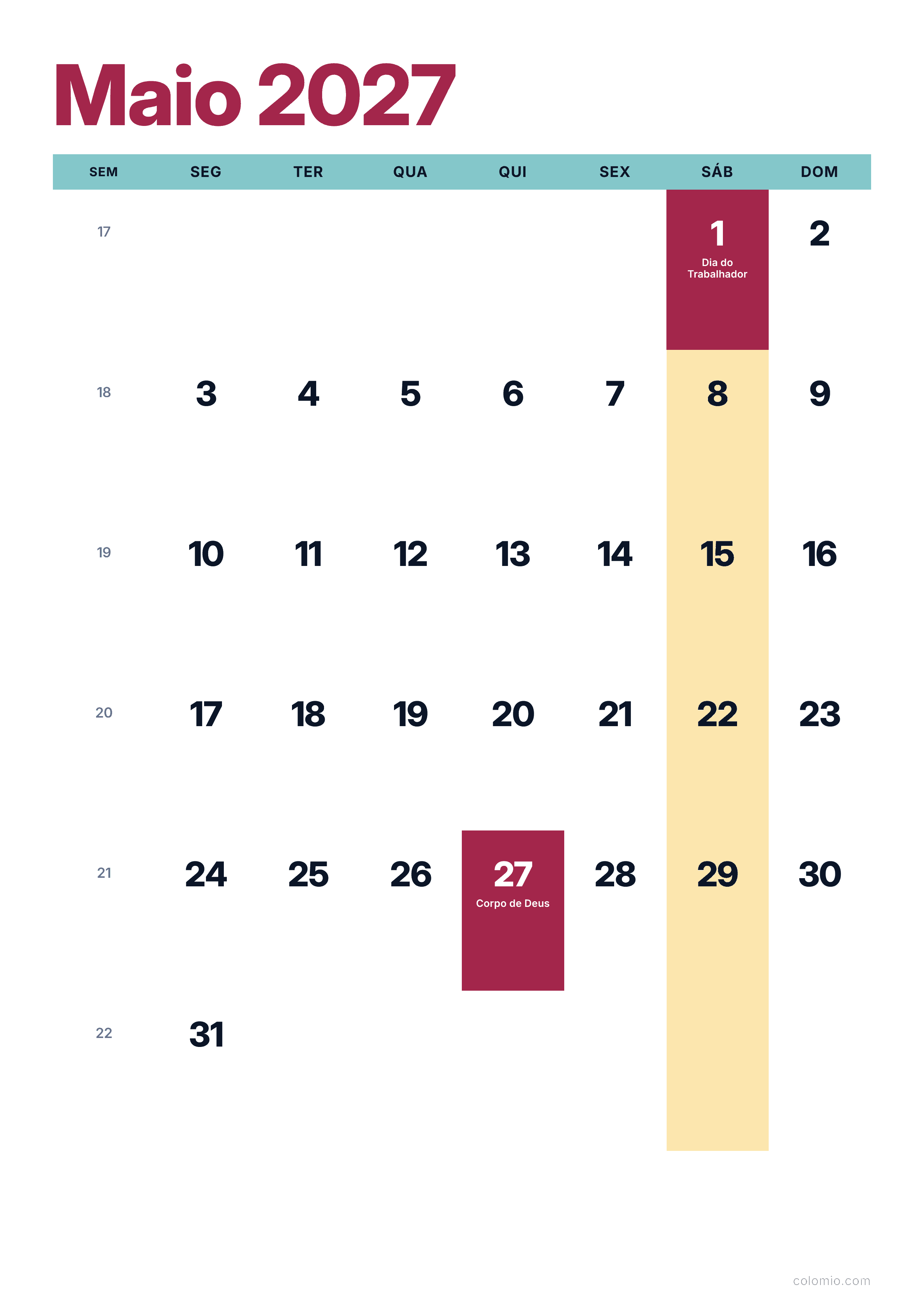 Calendário Maio 2027 colorido & moderno · vertical, PDF para imprimir