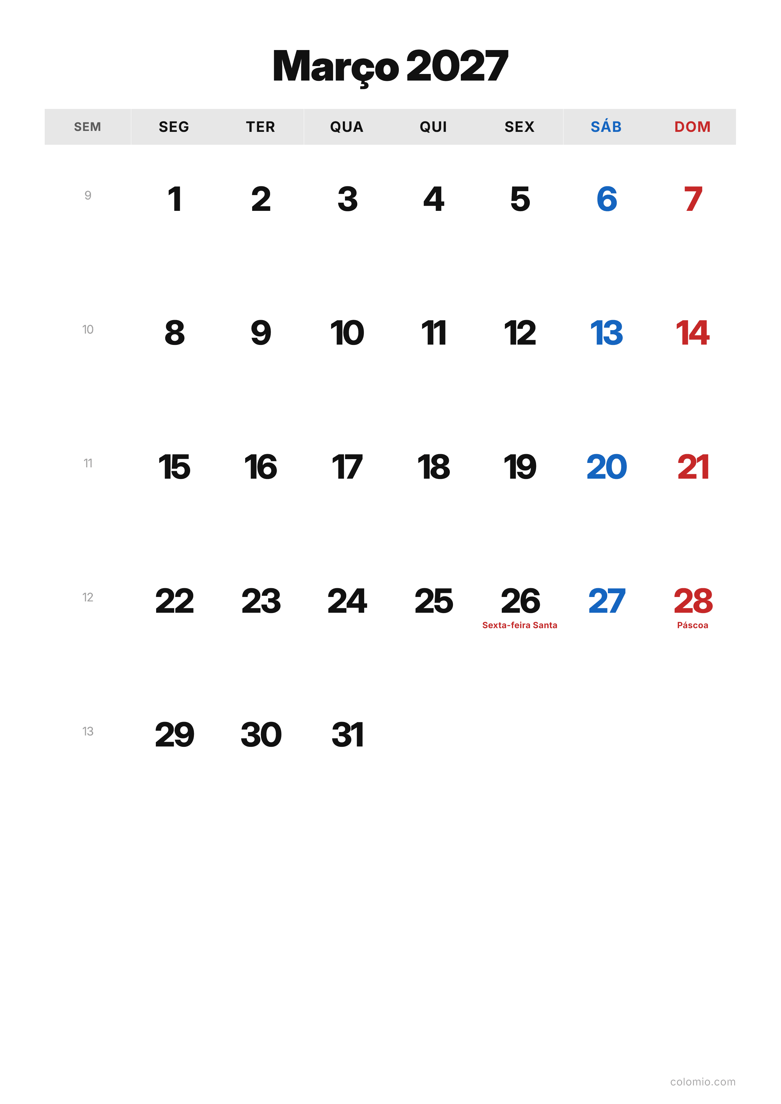 Calendário Março 2027 clássico · vertical, PDF para imprimir