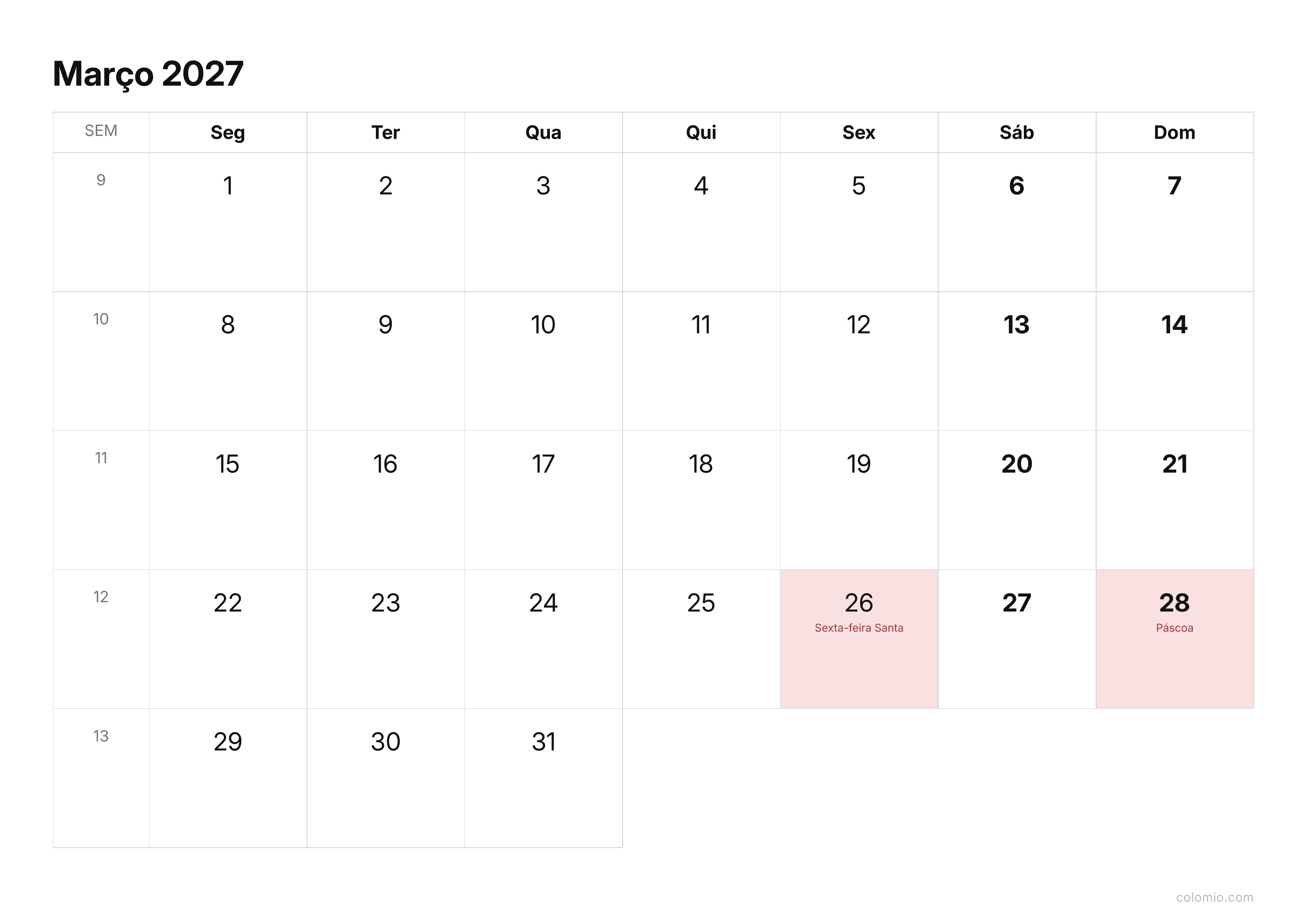 Calendário Março 2027 compacto · horizontal, PDF para imprimir