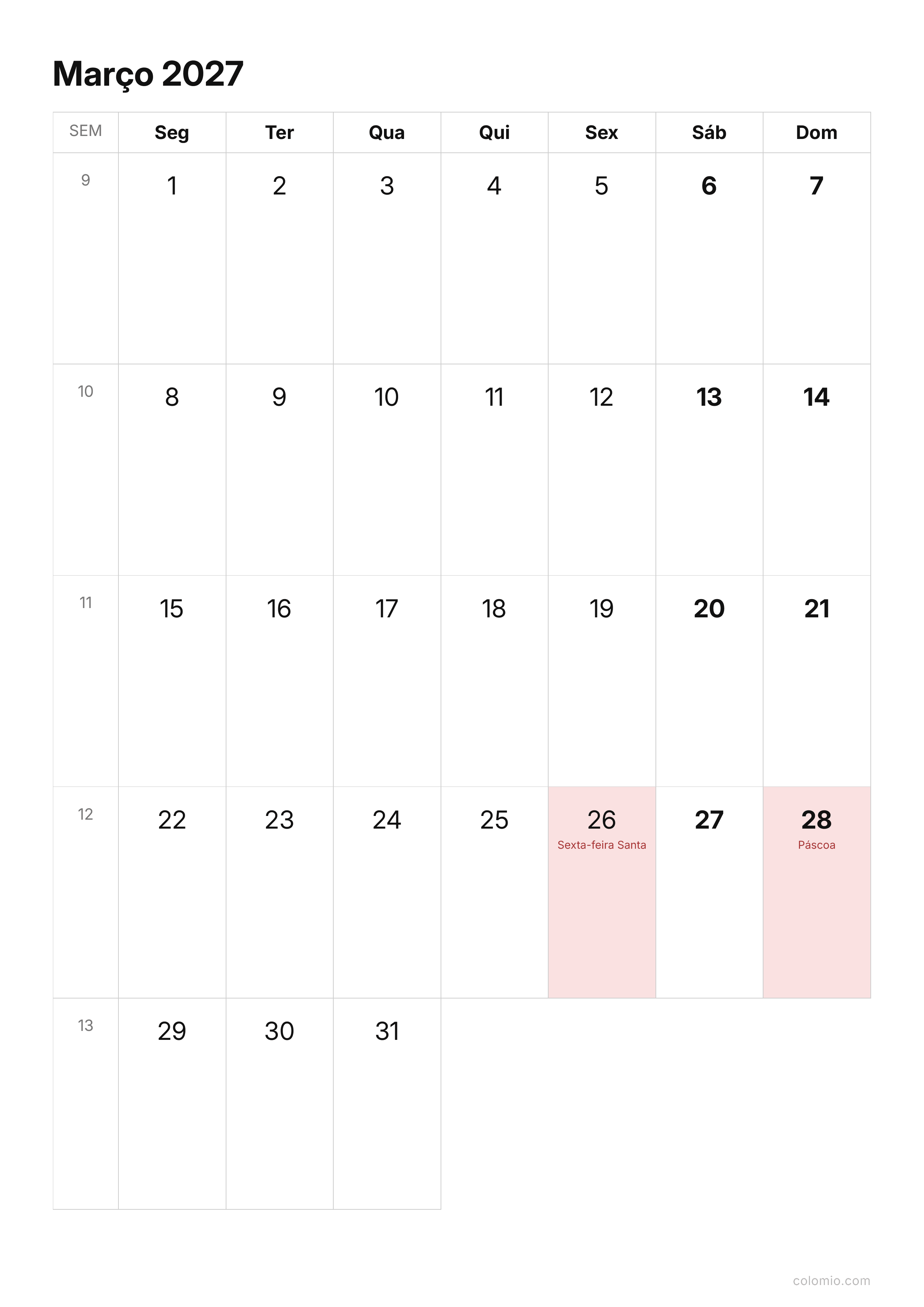 Calendário Março 2027 compacto · vertical, PDF para imprimir