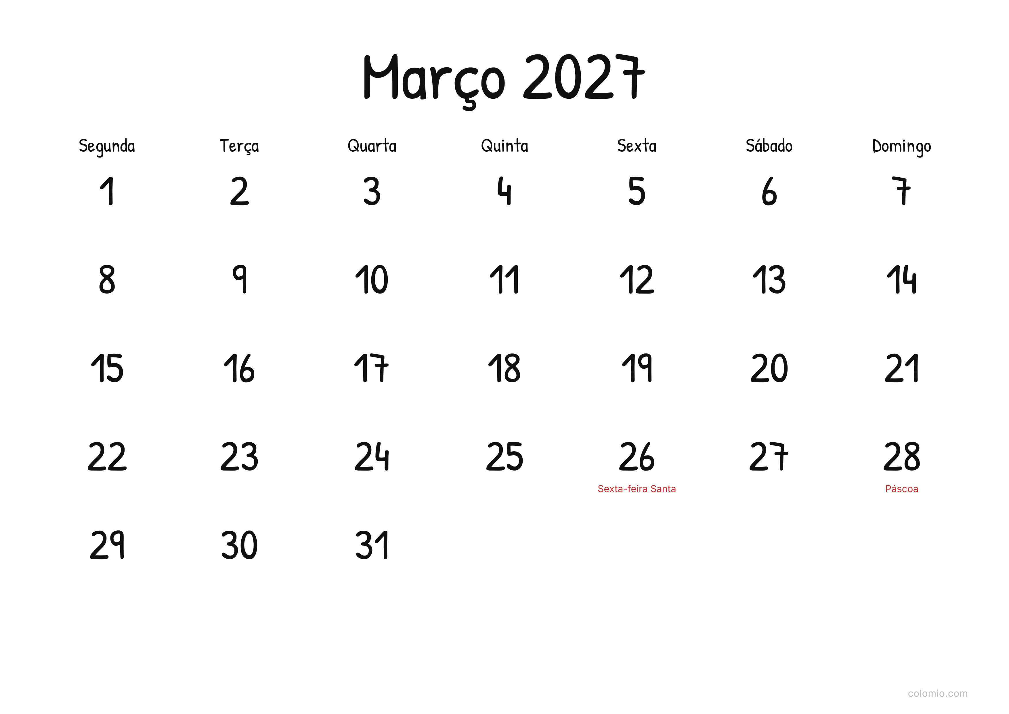 Calendário Março 2027 display · horizontal, PDF para imprimir