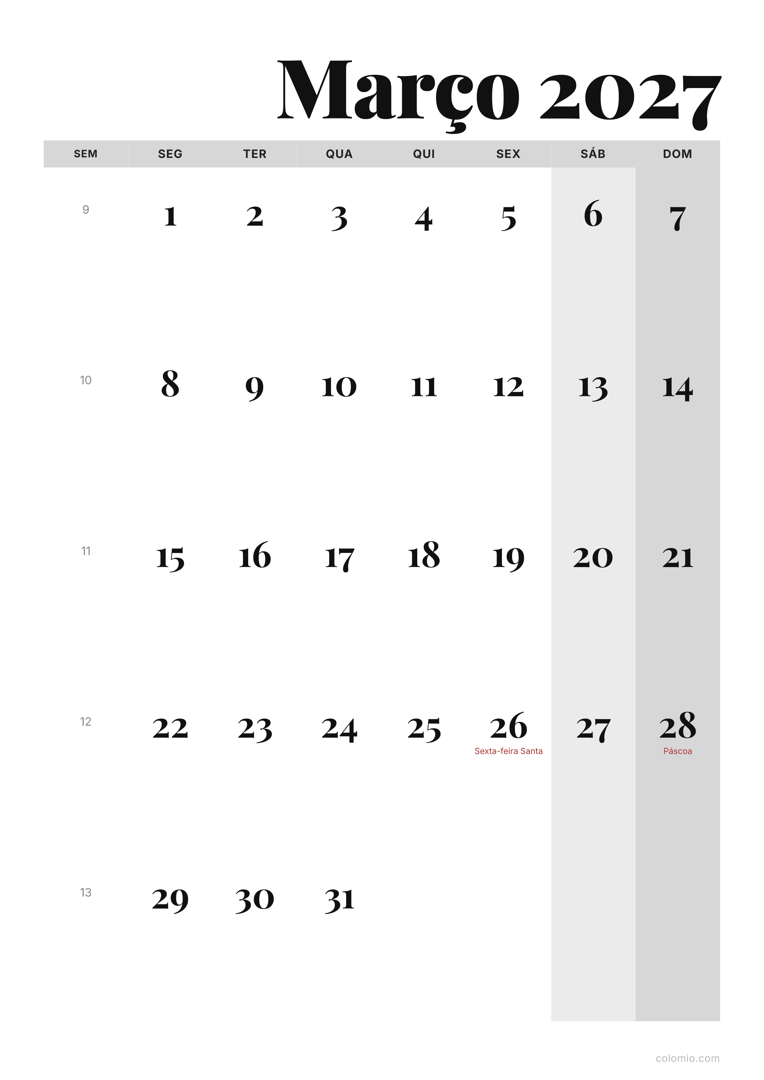 Calendário Março 2027 editorial · vertical, PDF para imprimir