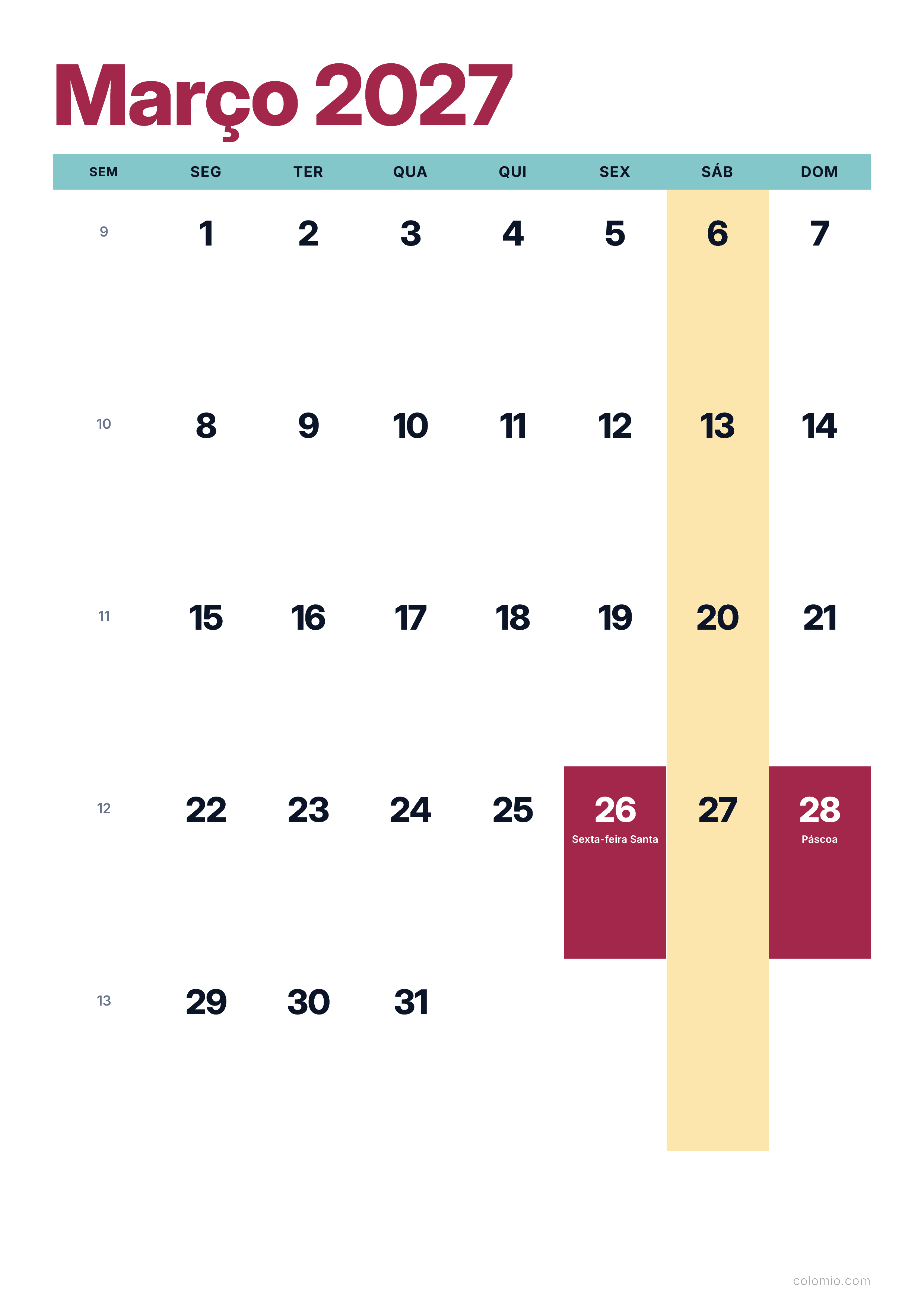 Calendário Março 2027 colorido & moderno · vertical, PDF para imprimir