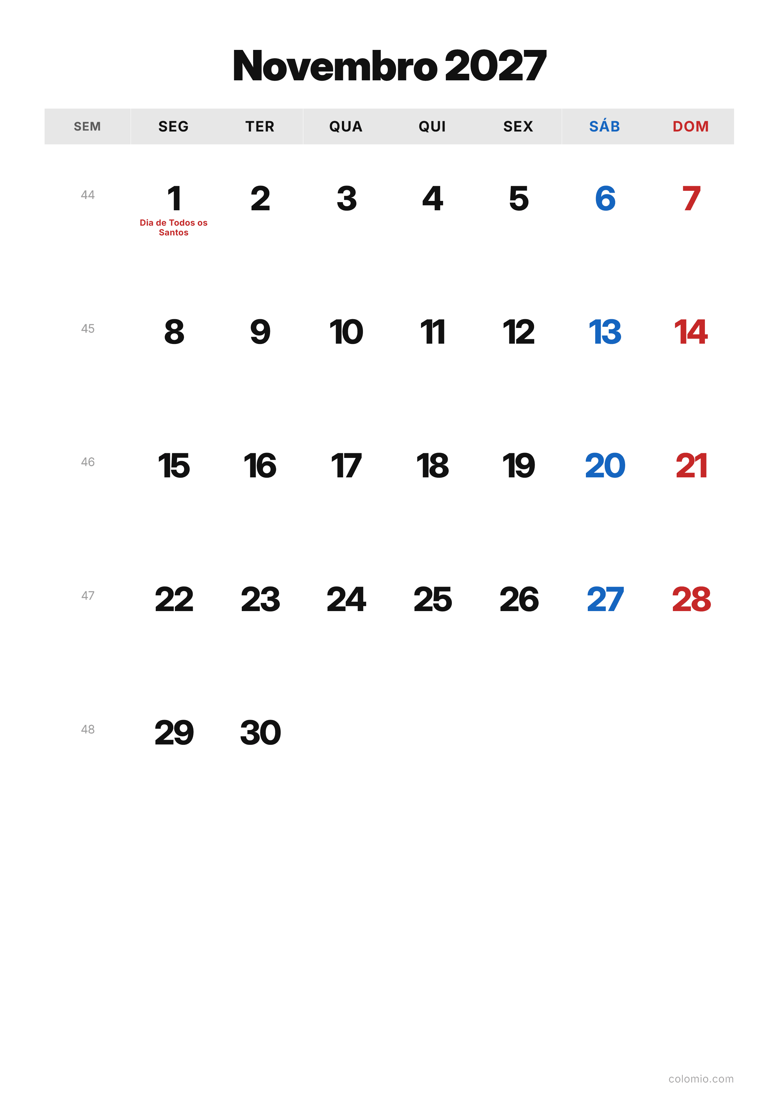 Calendário Novembro 2027 clássico · vertical, PDF para imprimir