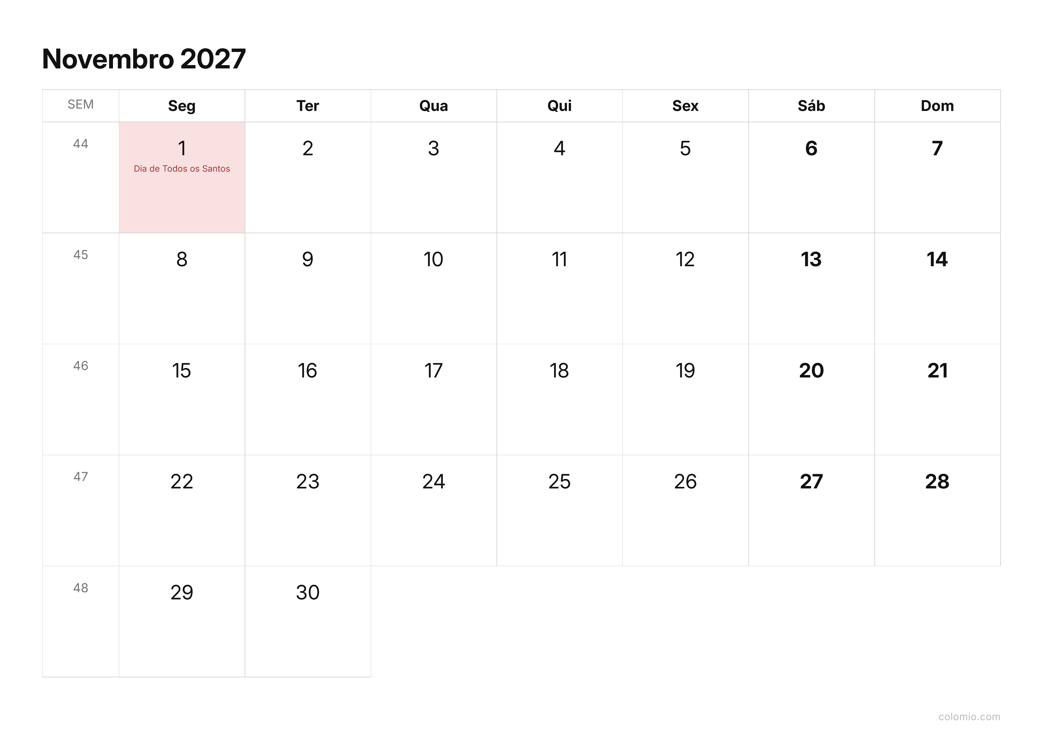 Calendário Novembro 2027 compacto · horizontal, PDF para imprimir