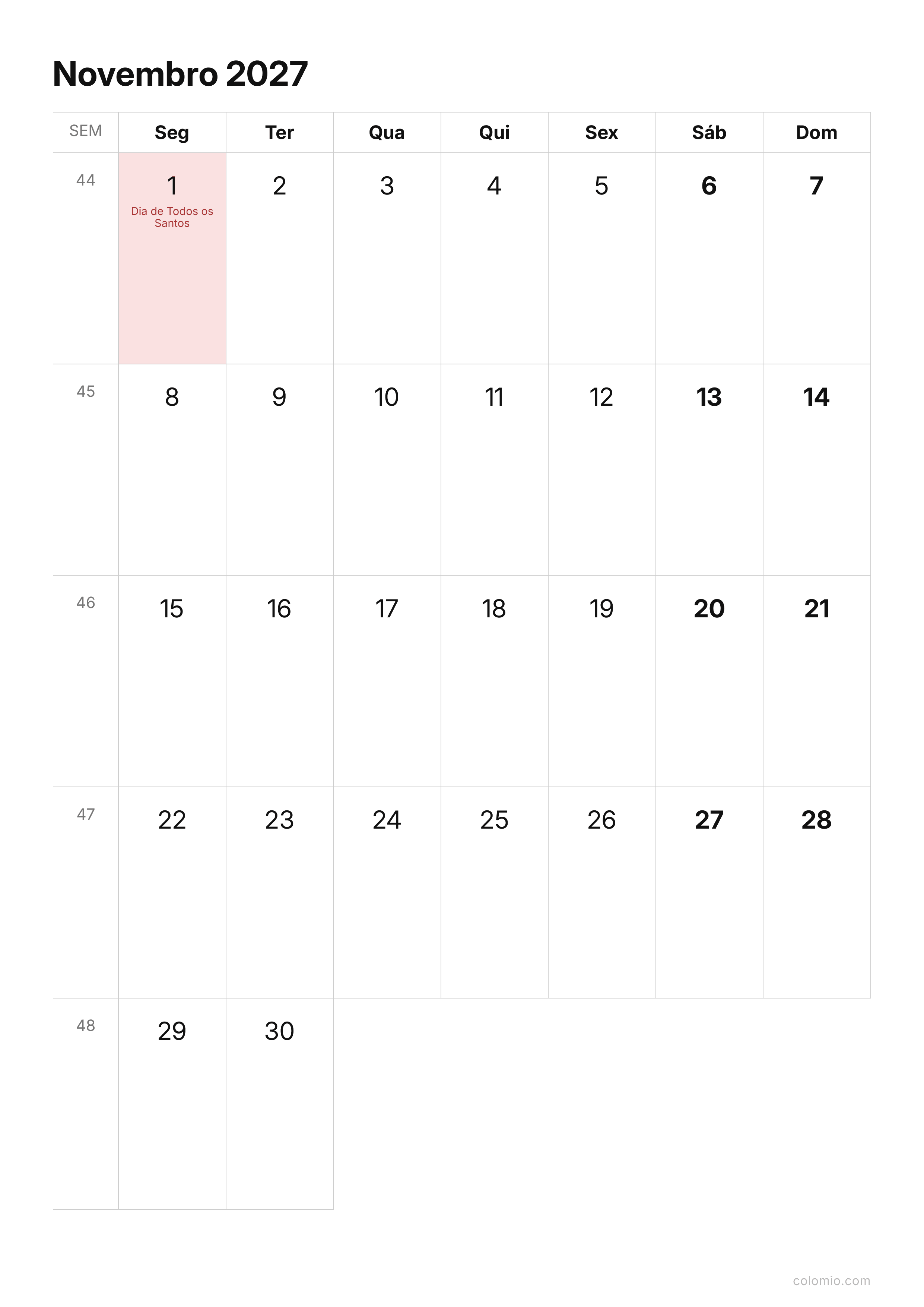 Calendário Novembro 2027 compacto · vertical, PDF para imprimir