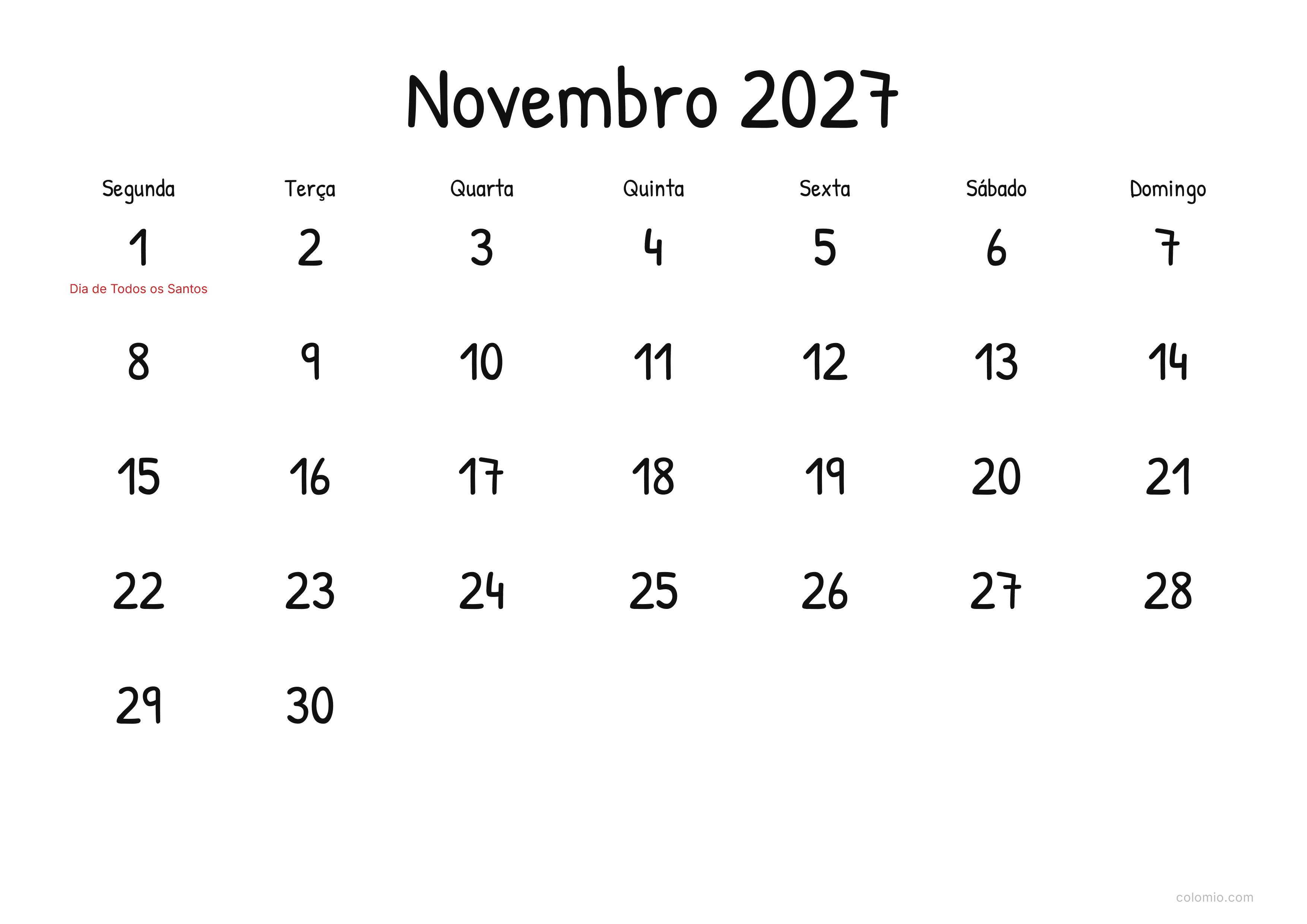 Calendário Novembro 2027 display · horizontal, PDF para imprimir