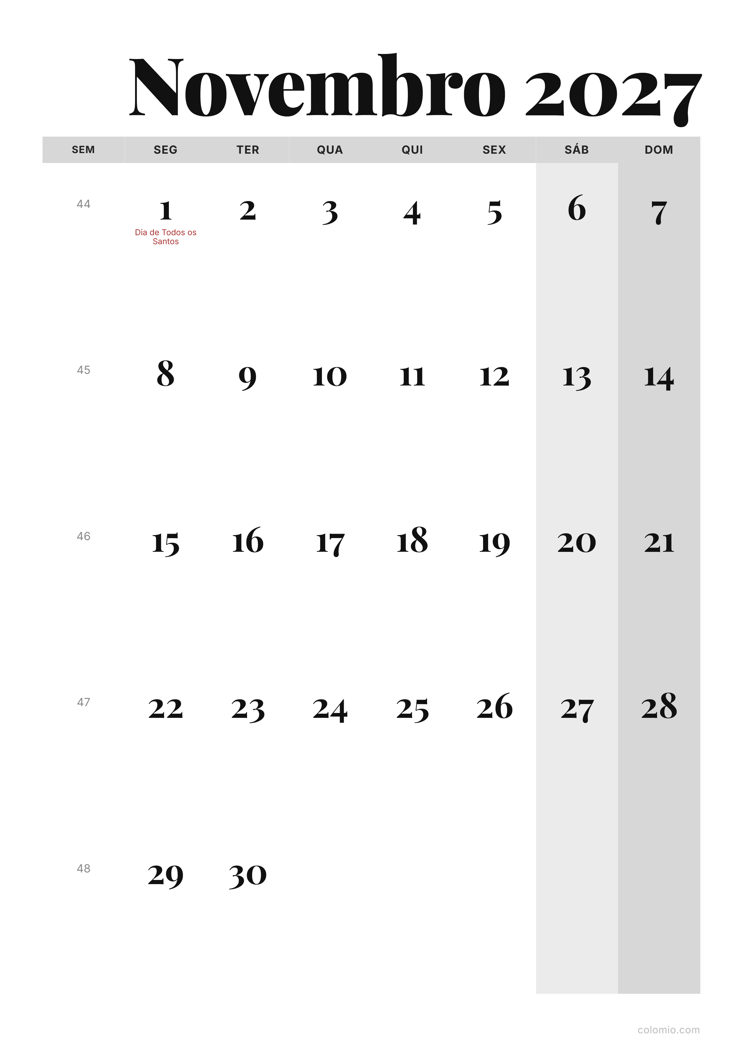 Calendário Novembro 2027 editorial · vertical, PDF para imprimir