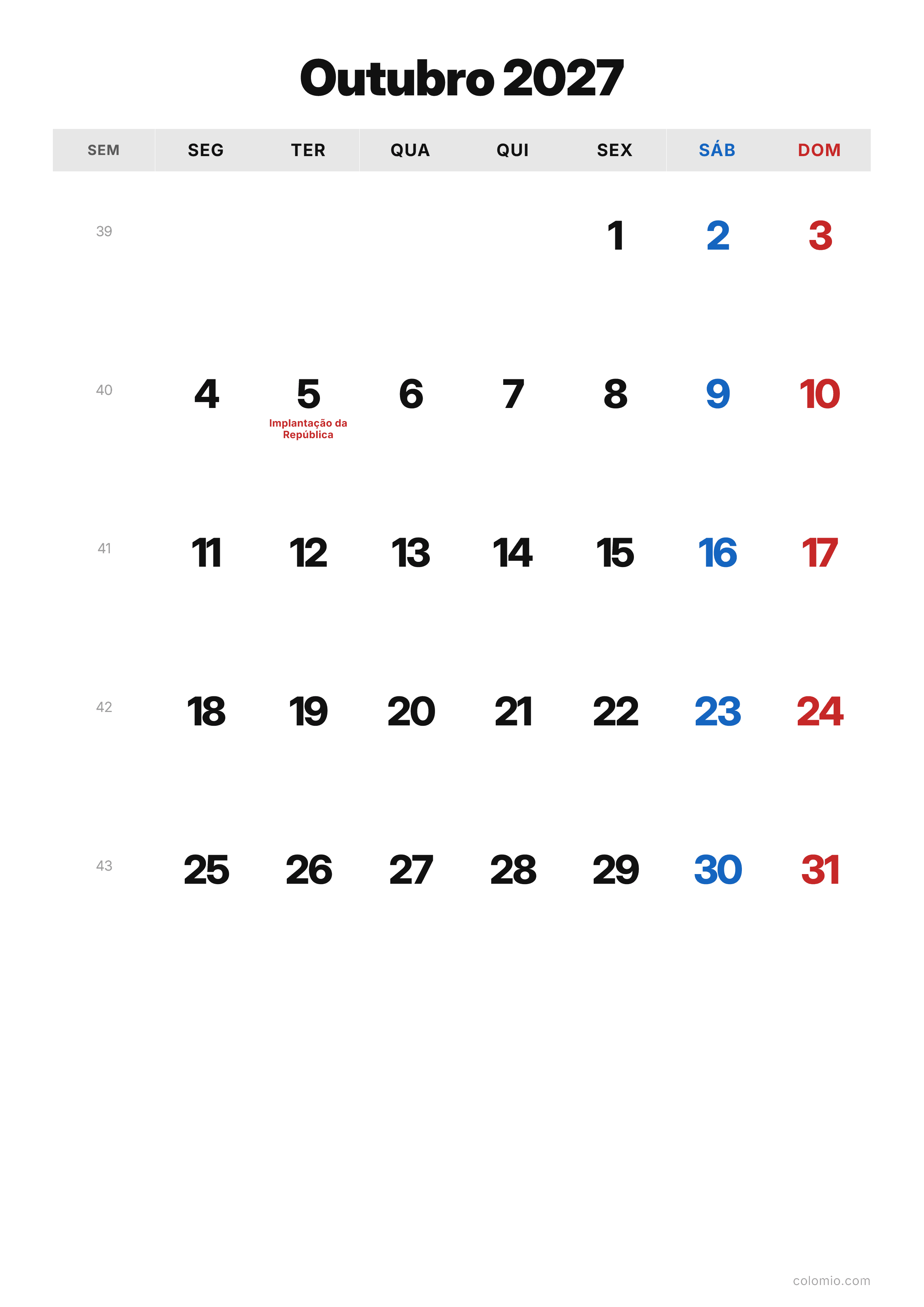 Calendário Outubro 2027 clássico · vertical, PDF para imprimir