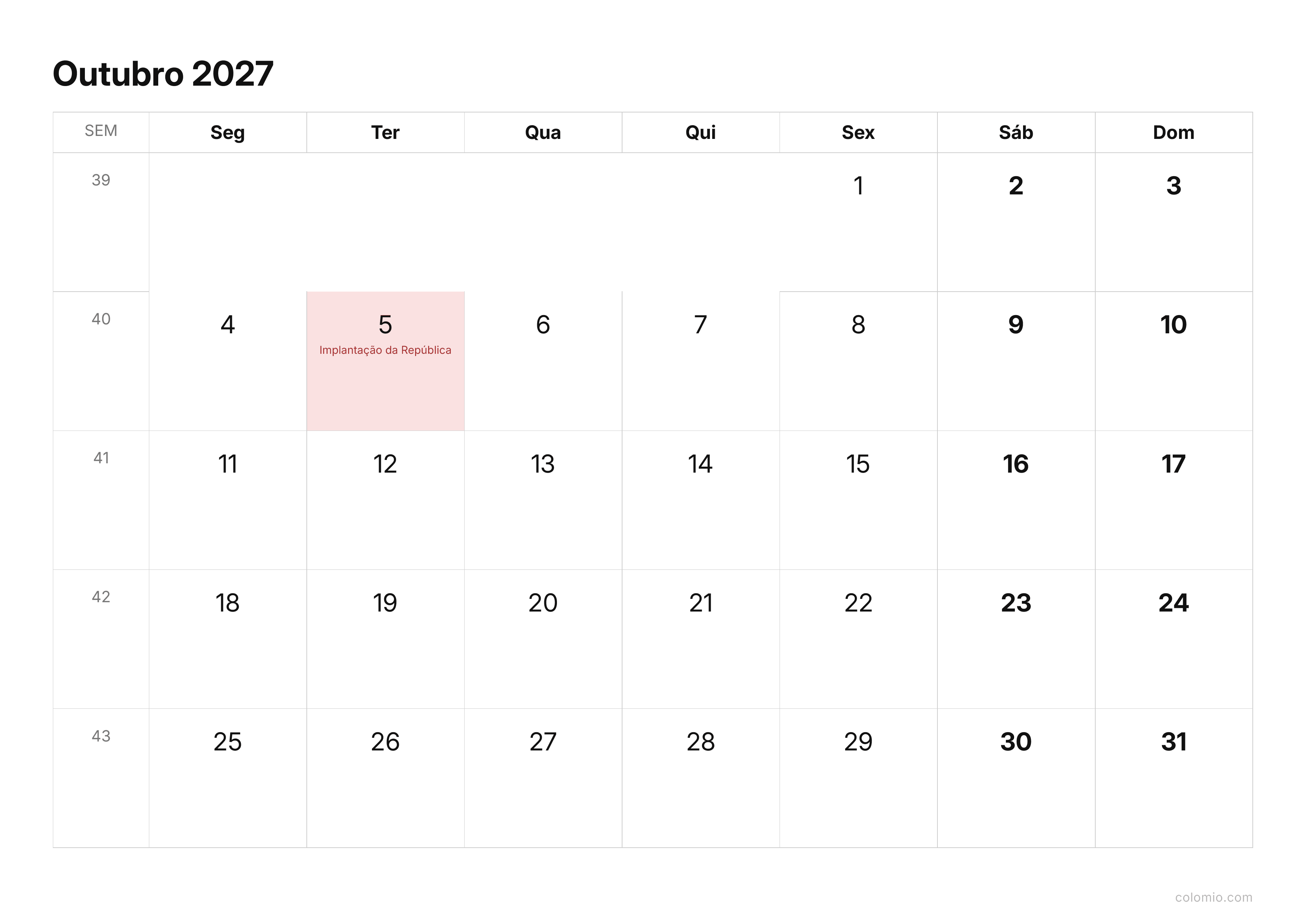 Calendário Outubro 2027 compacto · horizontal, PDF para imprimir