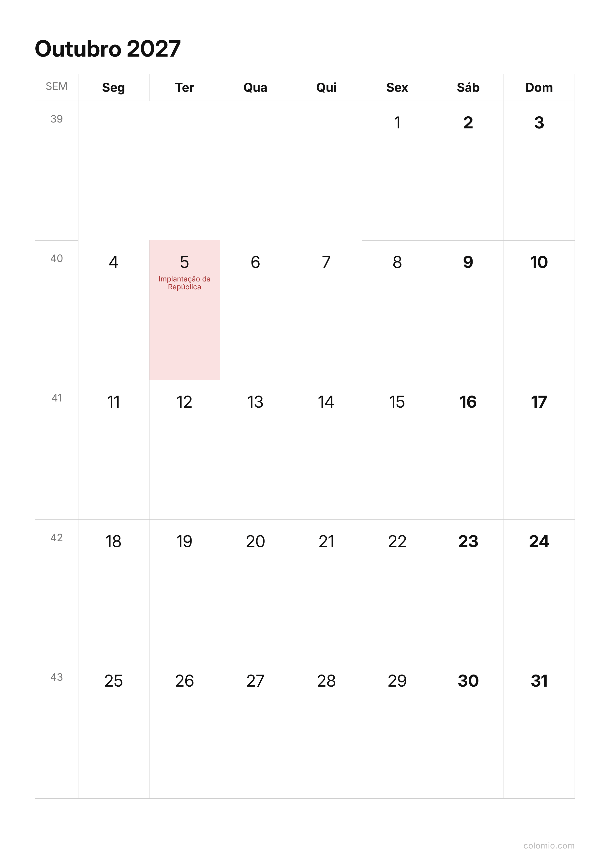 Calendário Outubro 2027 compacto · vertical, PDF para imprimir