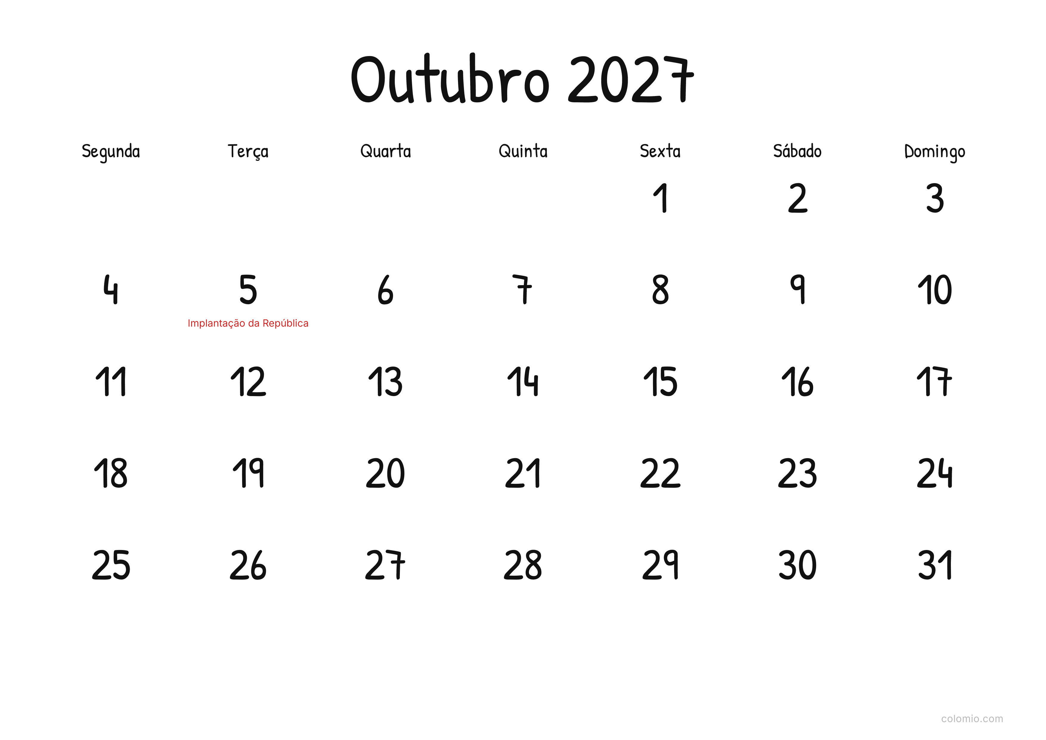 Calendário Outubro 2027 display · horizontal, PDF para imprimir