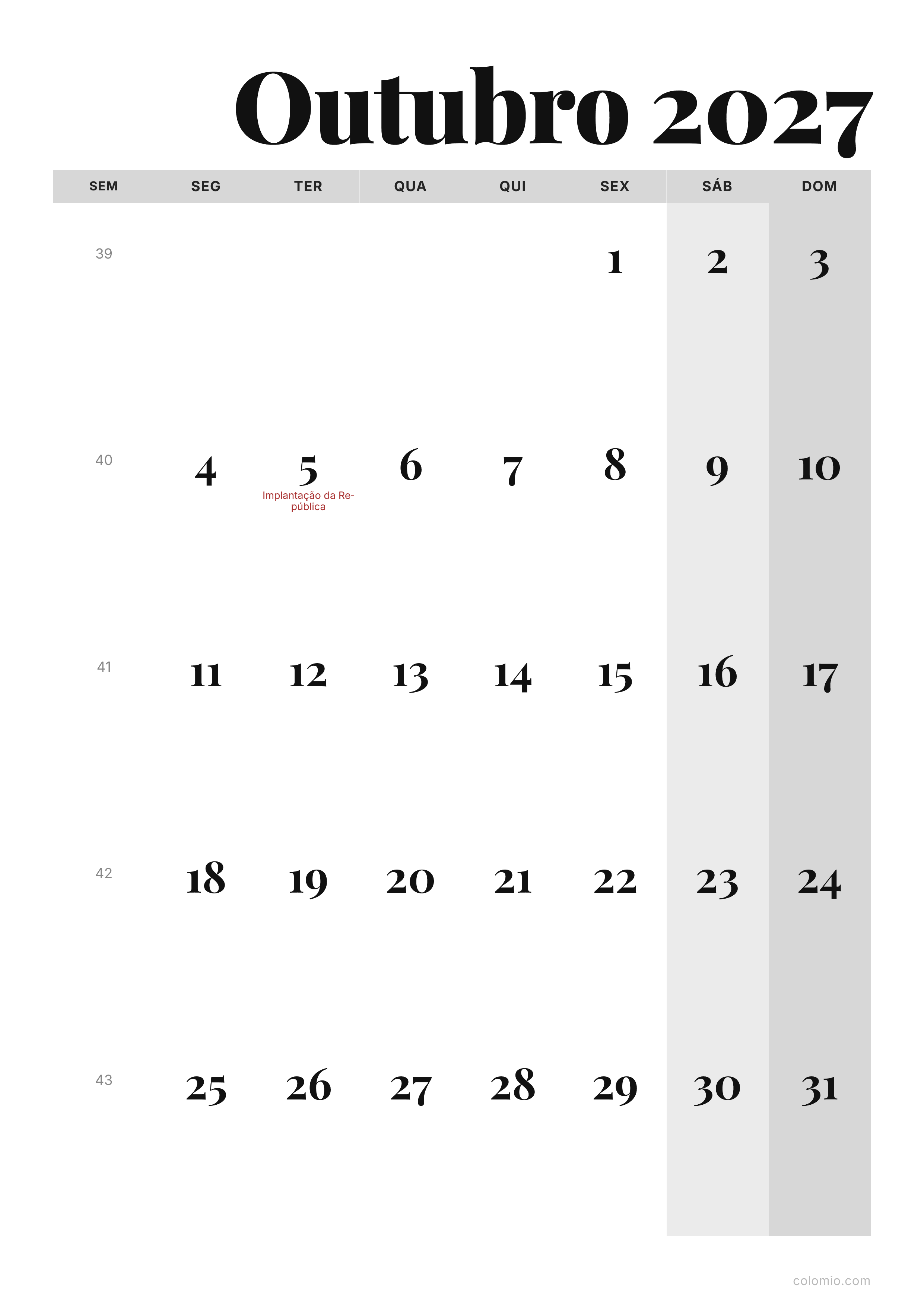 Calendário Outubro 2027 editorial · vertical, PDF para imprimir