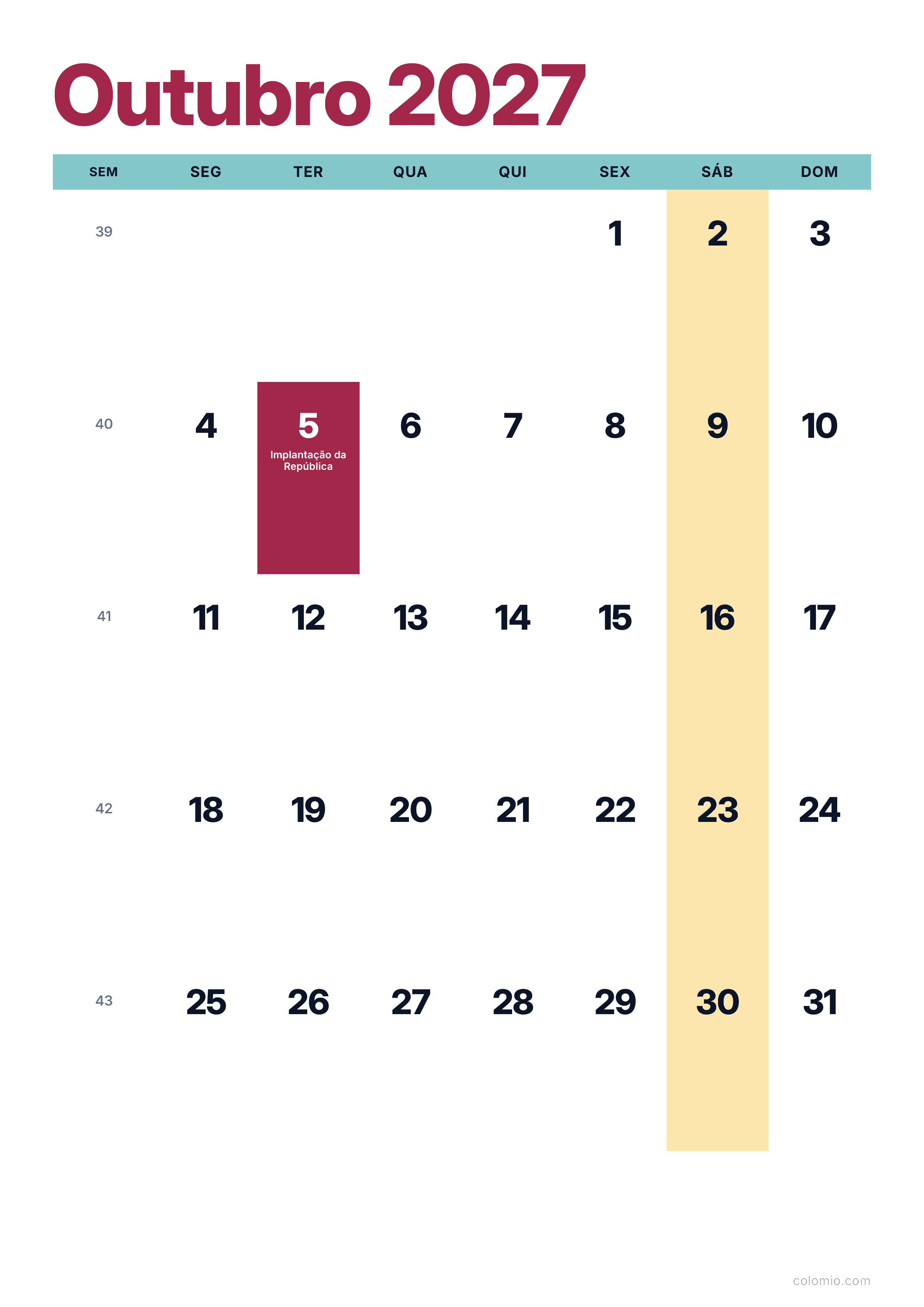 Calendário Outubro 2027 colorido & moderno · vertical, PDF para imprimir