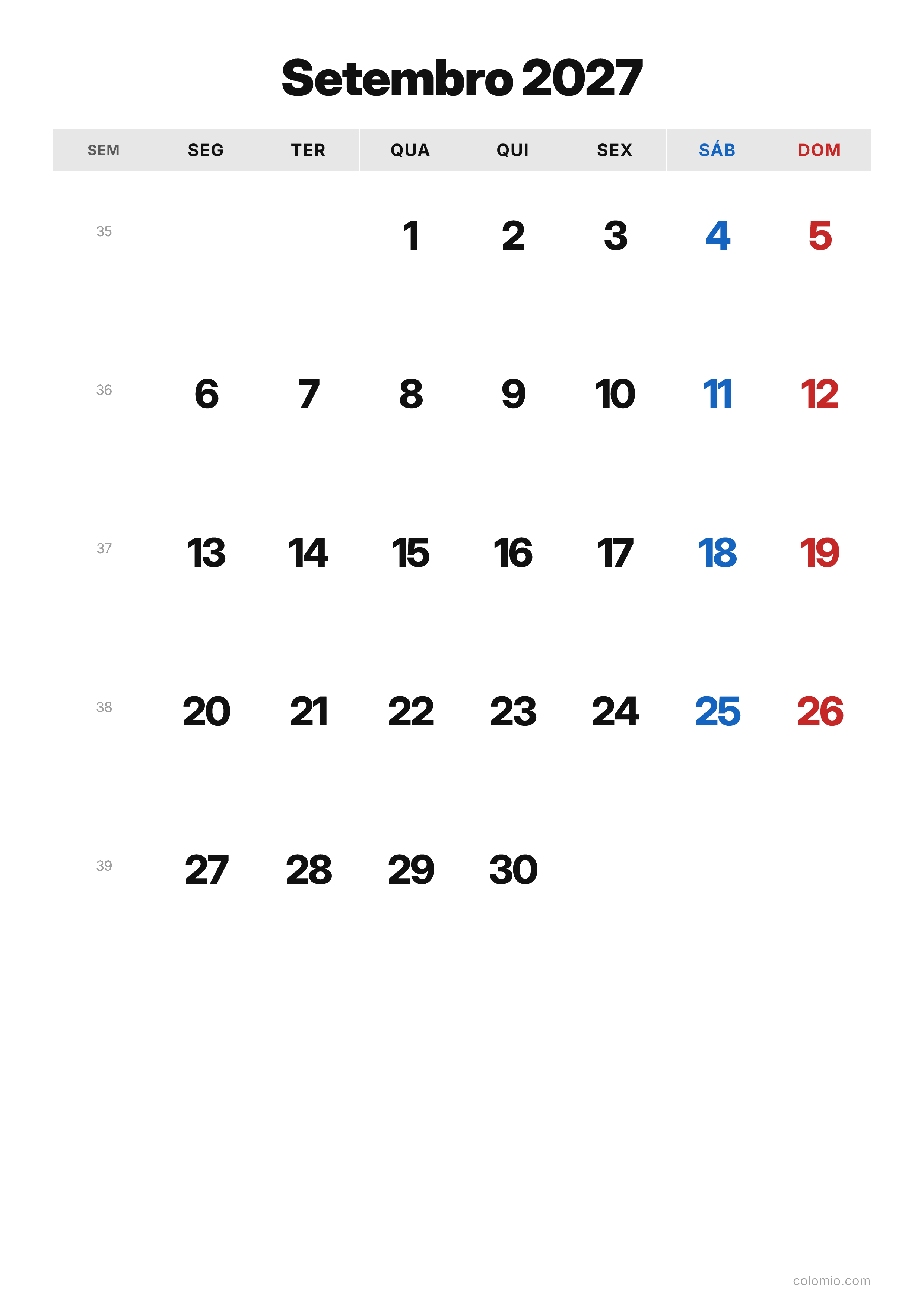 Calendário Setembro 2027 clássico · vertical, PDF para imprimir