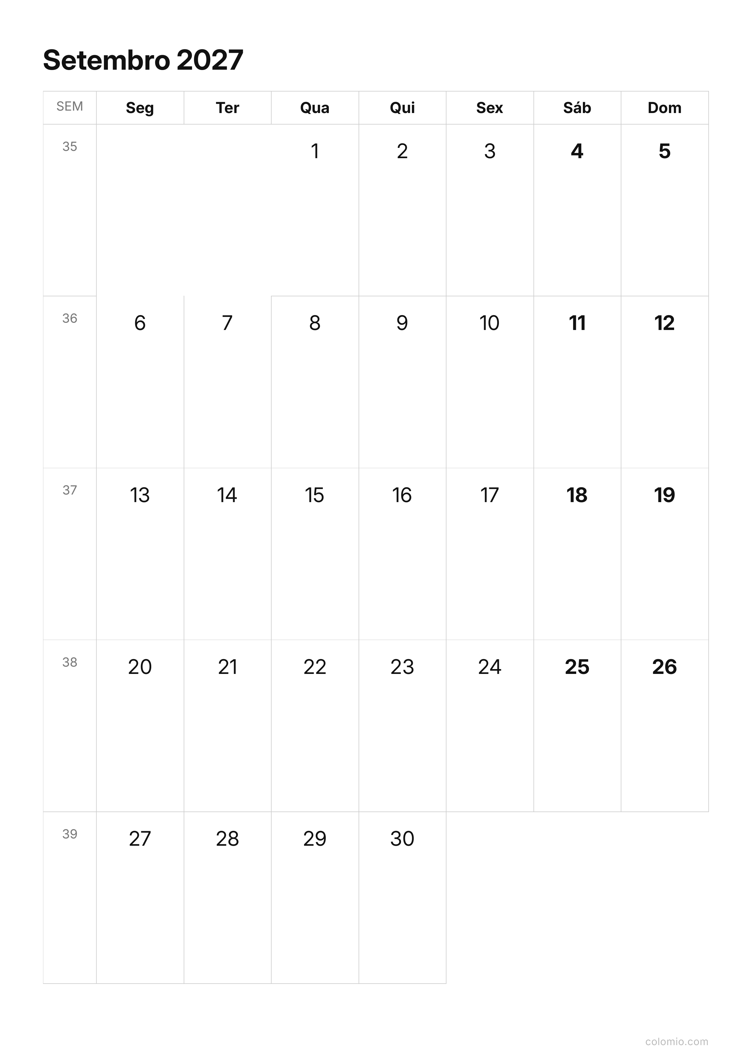 Calendário Setembro 2027 compacto · vertical, PDF para imprimir