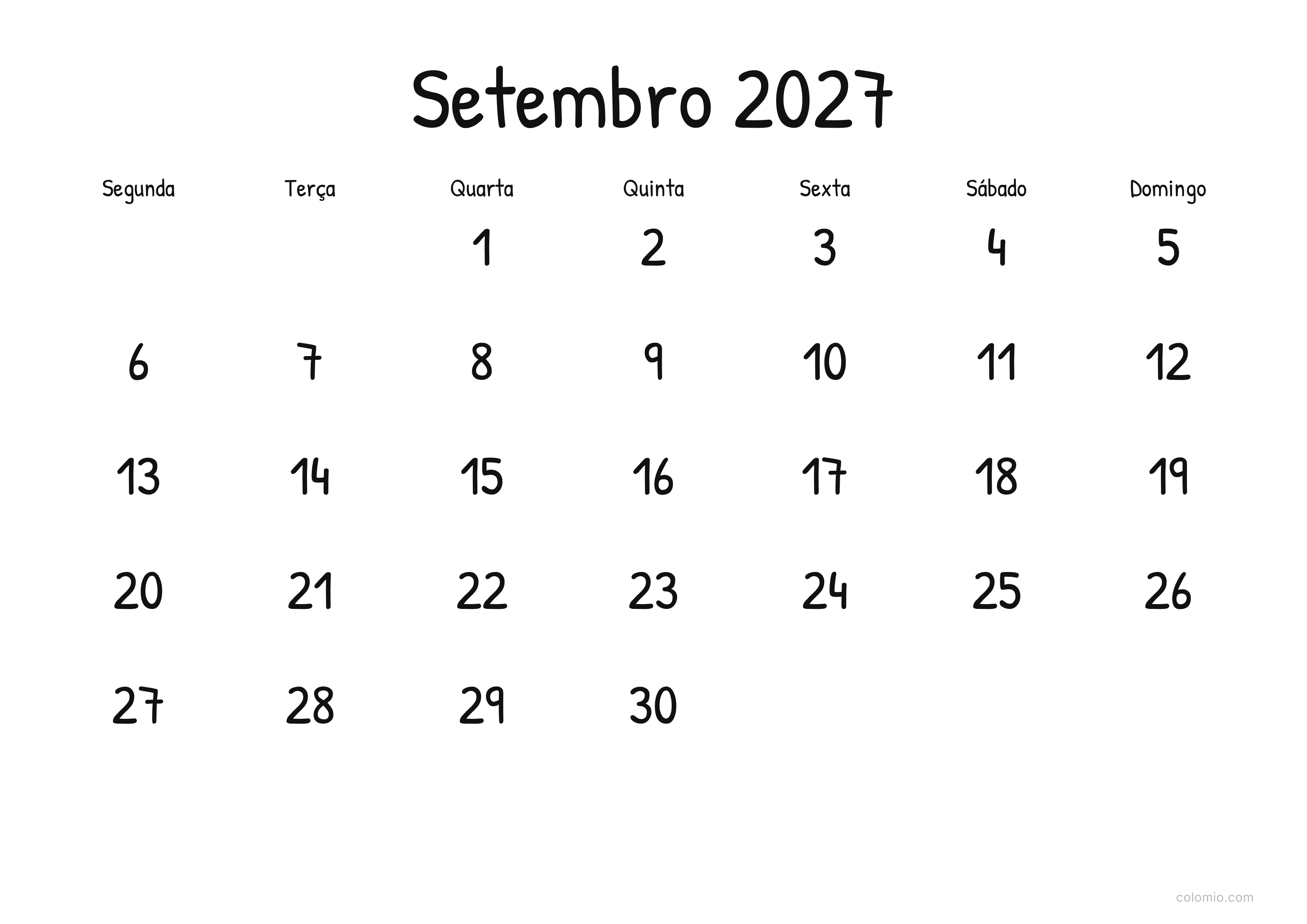 Calendário Setembro 2027 display · horizontal, PDF para imprimir