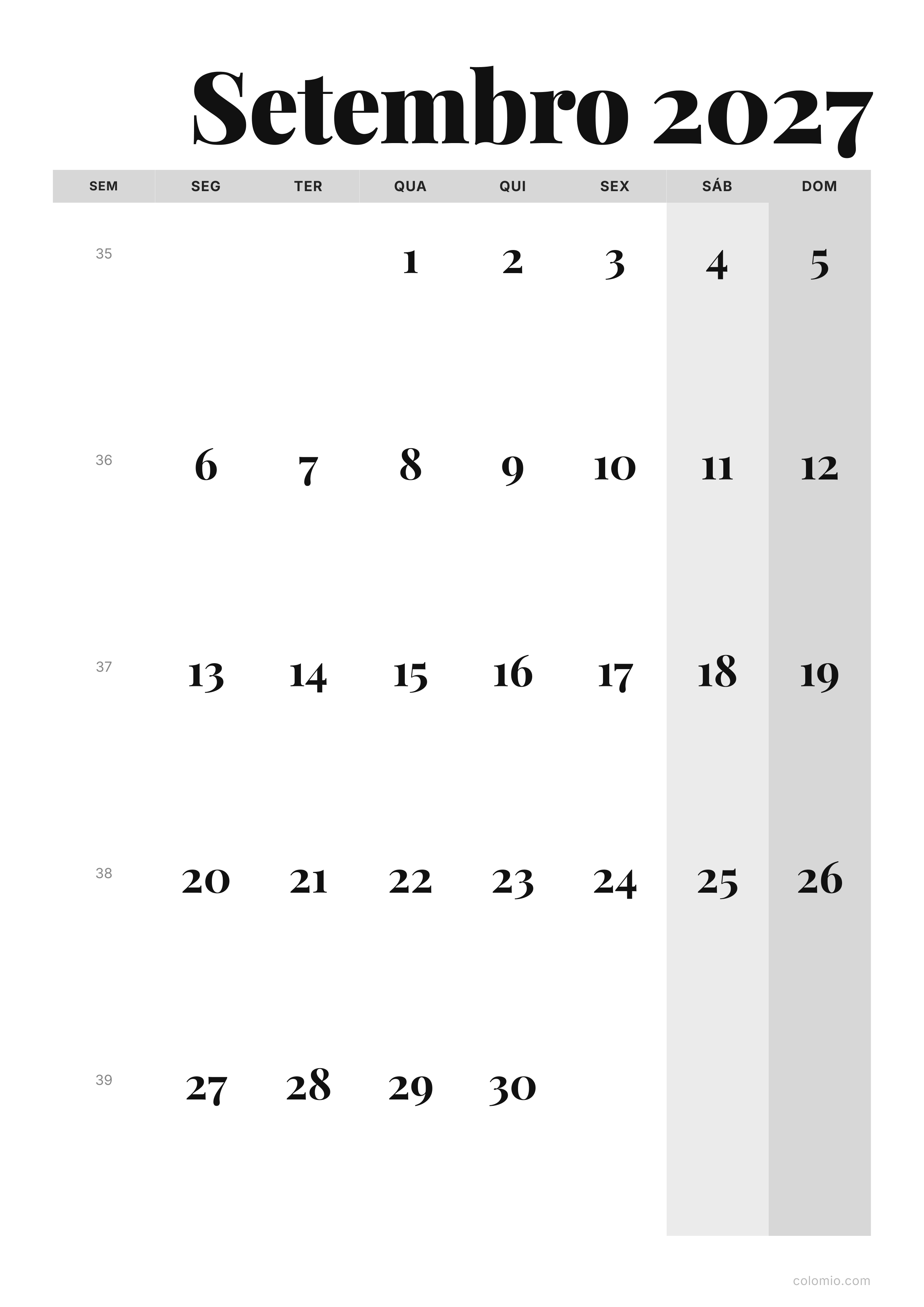 Calendário Setembro 2027 editorial · vertical, PDF para imprimir