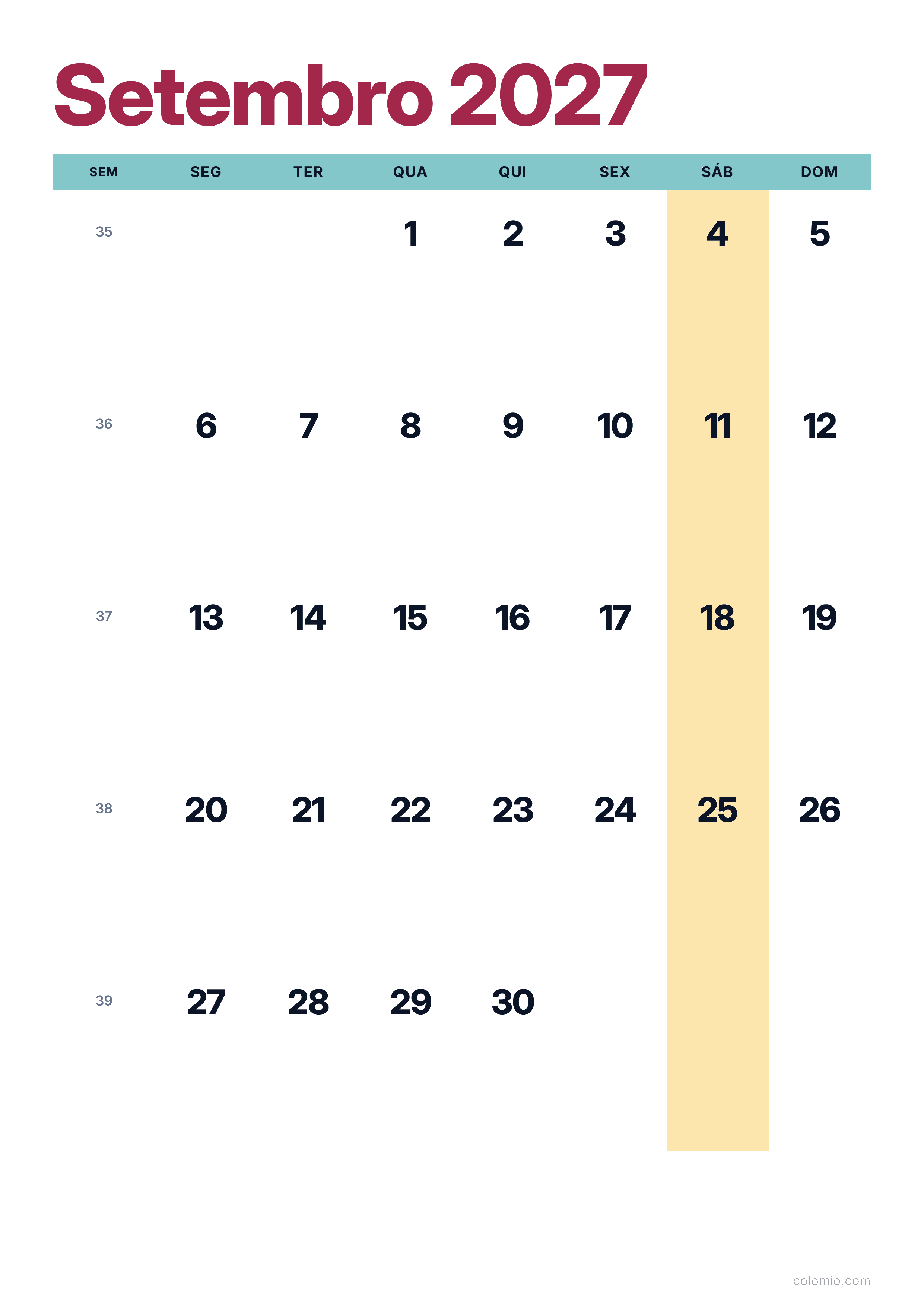 Calendário Setembro 2027 colorido & moderno · vertical, PDF para imprimir