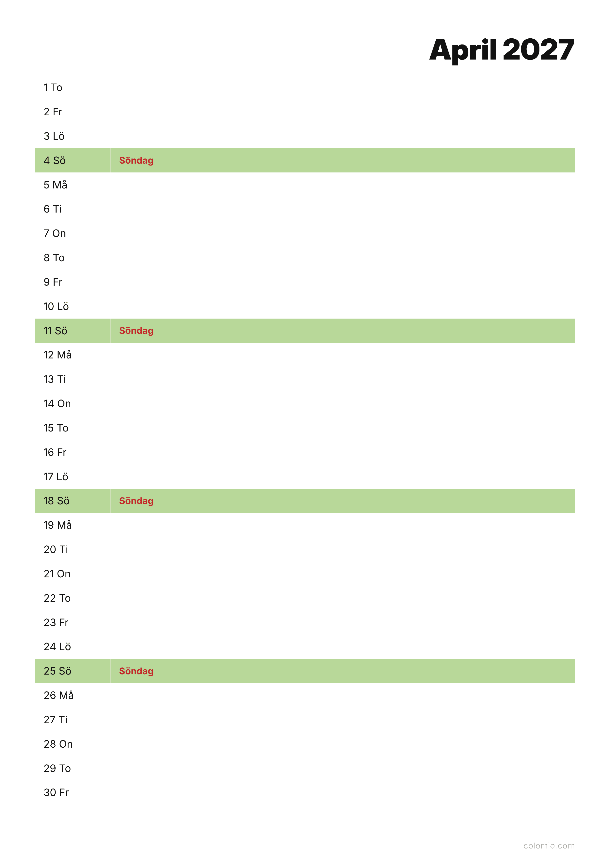 Kalender April 2027 agenda · stående, PDF att skriva ut