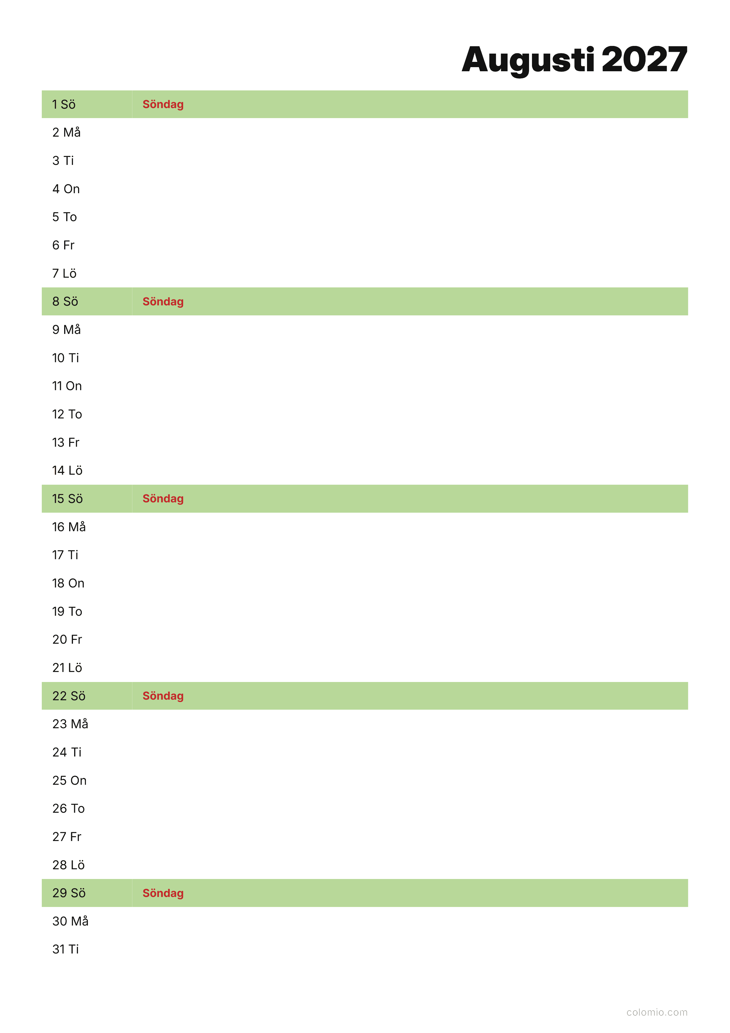 Kalender Augusti 2027 agenda · stående, PDF att skriva ut