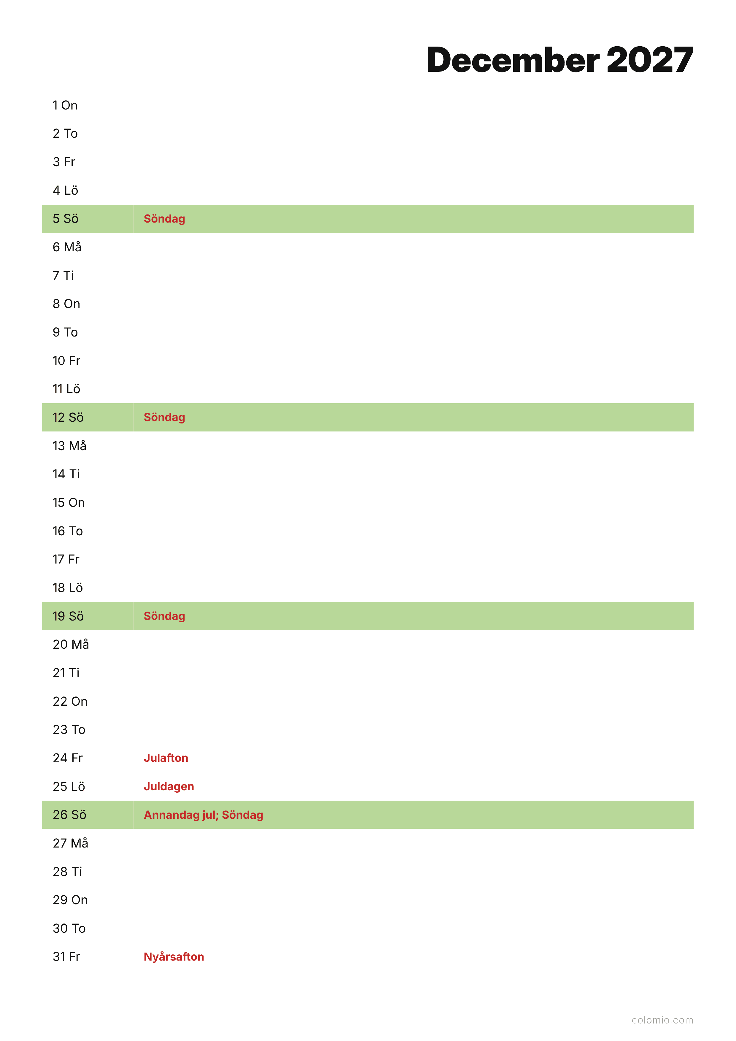 Kalender December 2027 agenda · stående, PDF att skriva ut