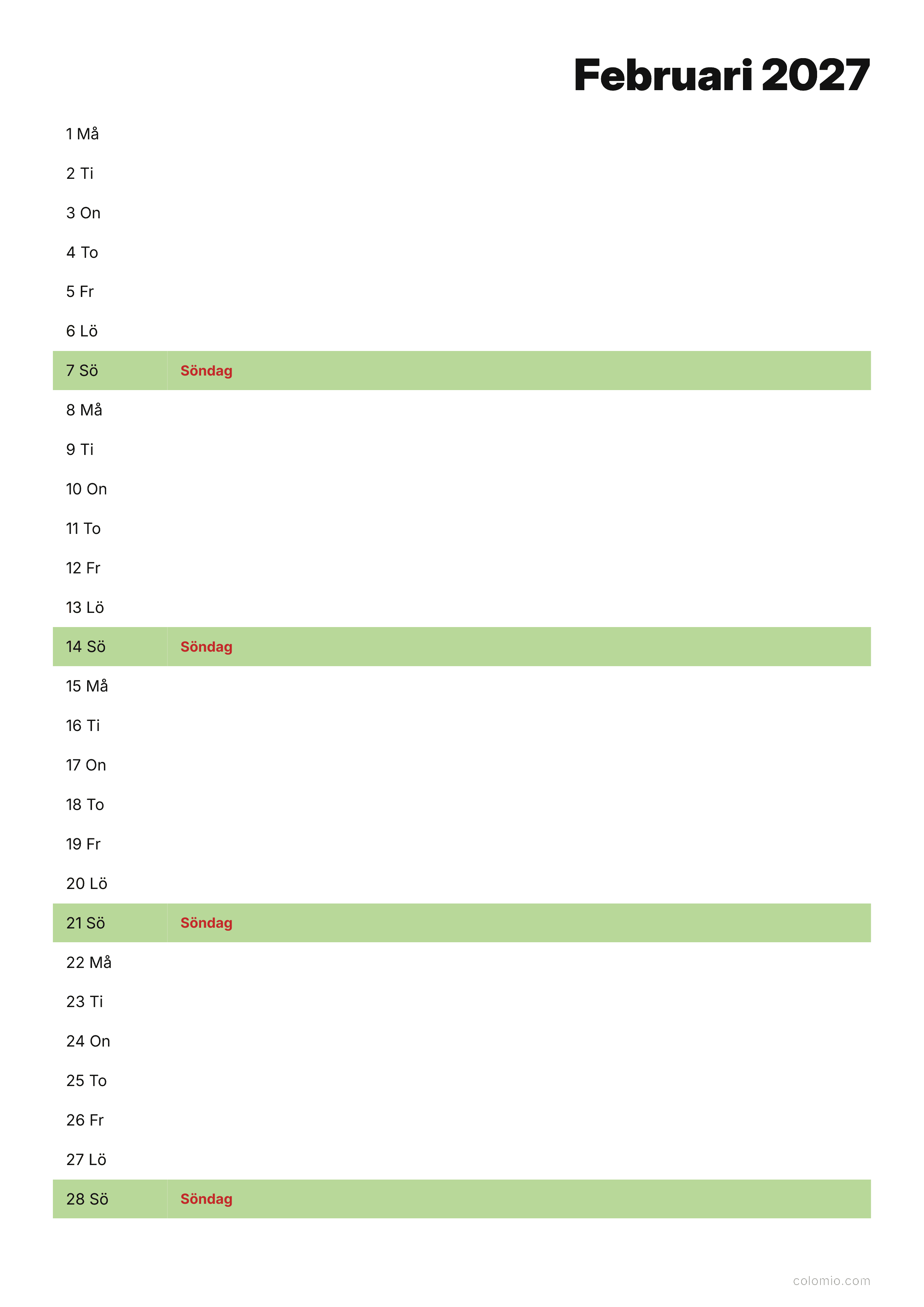Kalender Februari 2027 agenda · stående, PDF att skriva ut