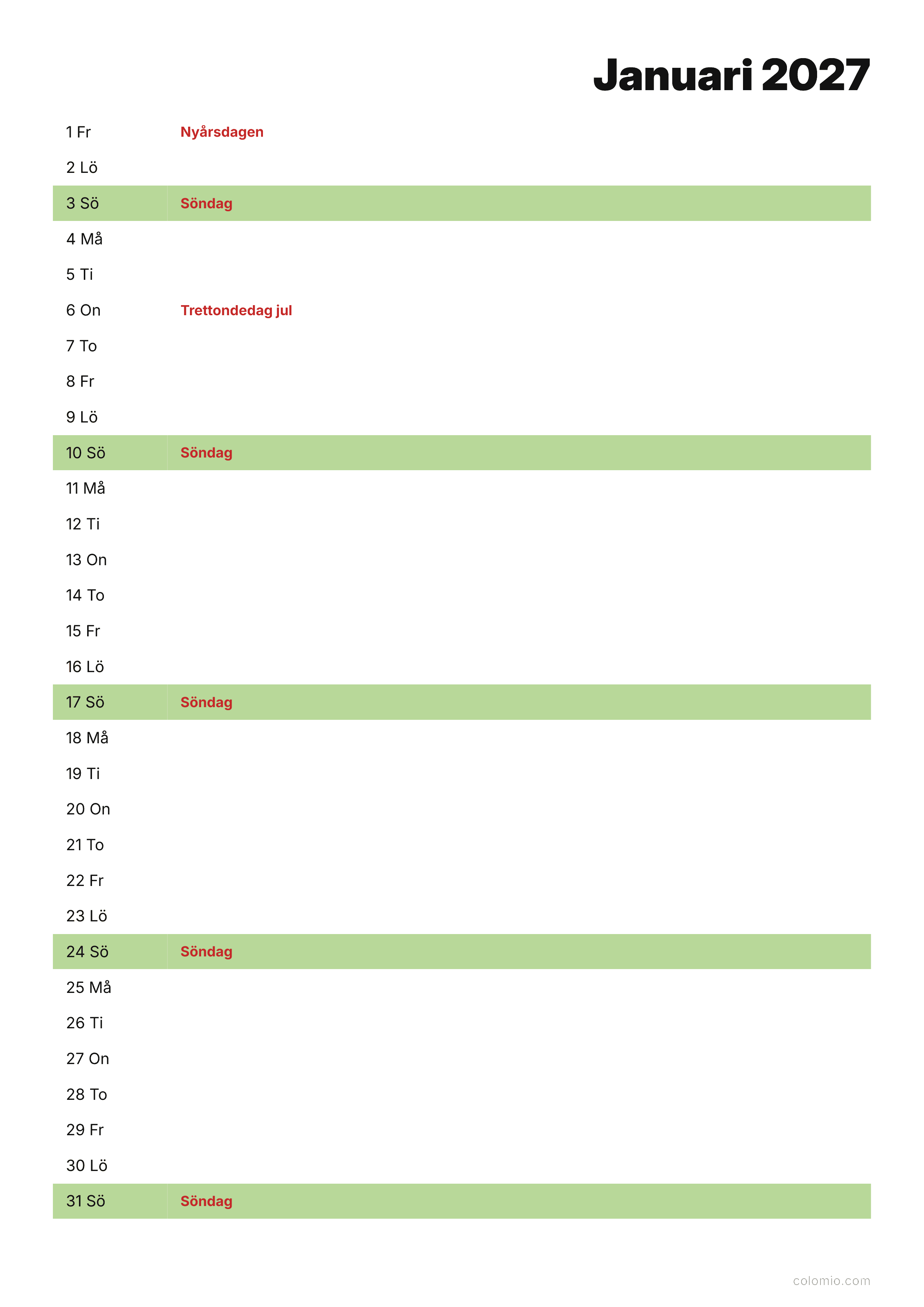 Kalender Januari 2027 agenda · stående, PDF att skriva ut