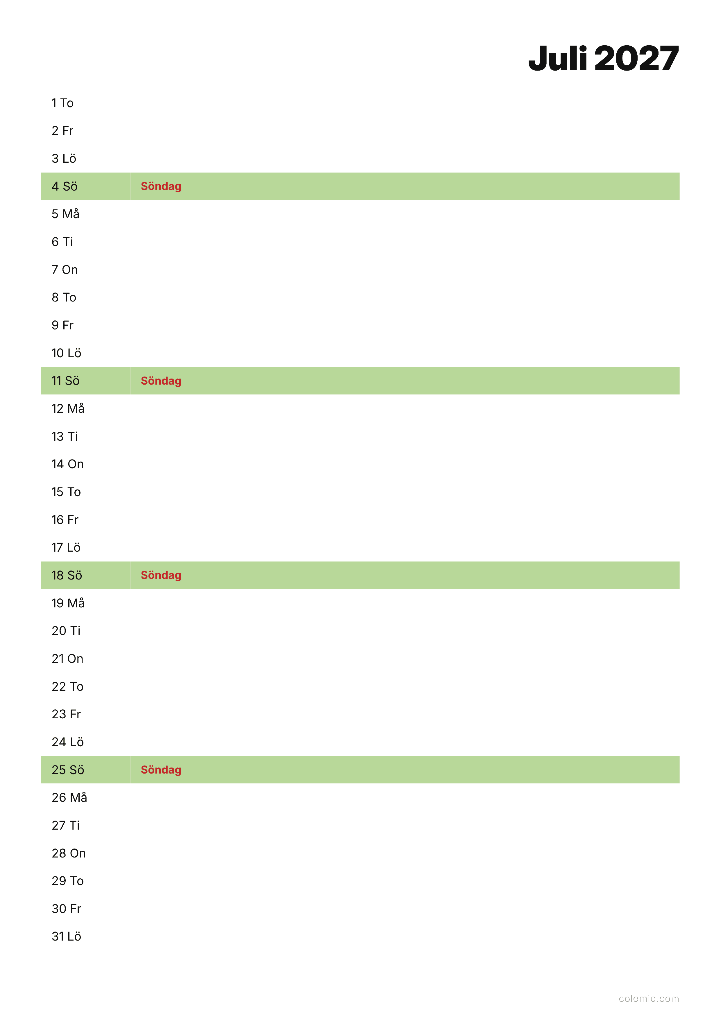 Kalender Juli 2027 agenda · stående, PDF att skriva ut