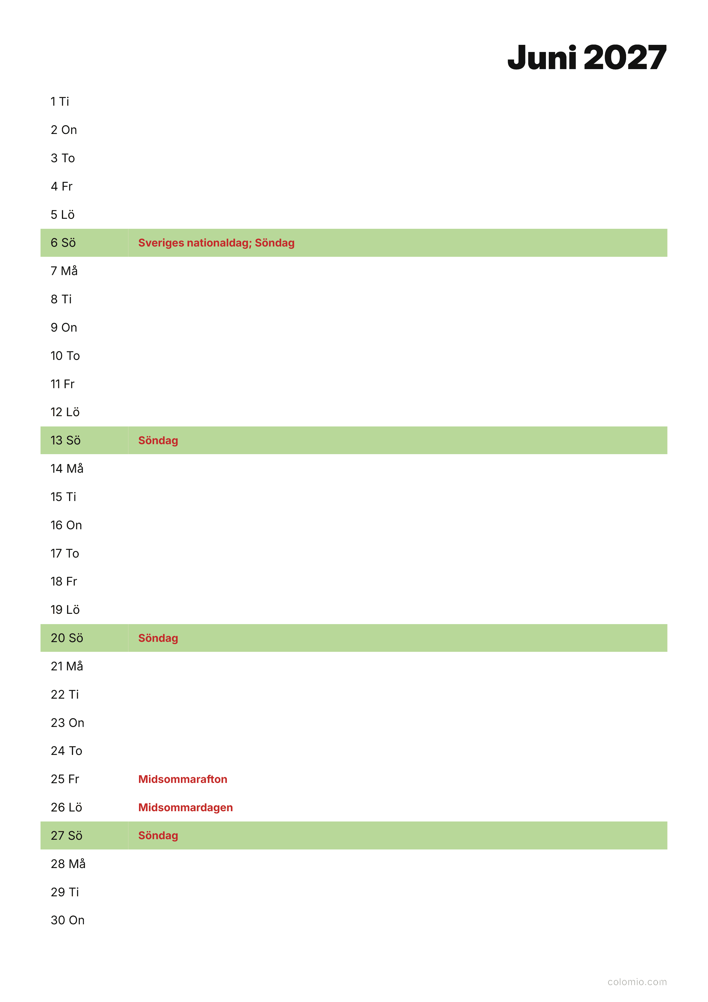 Kalender Juni 2027 agenda · stående, PDF att skriva ut
