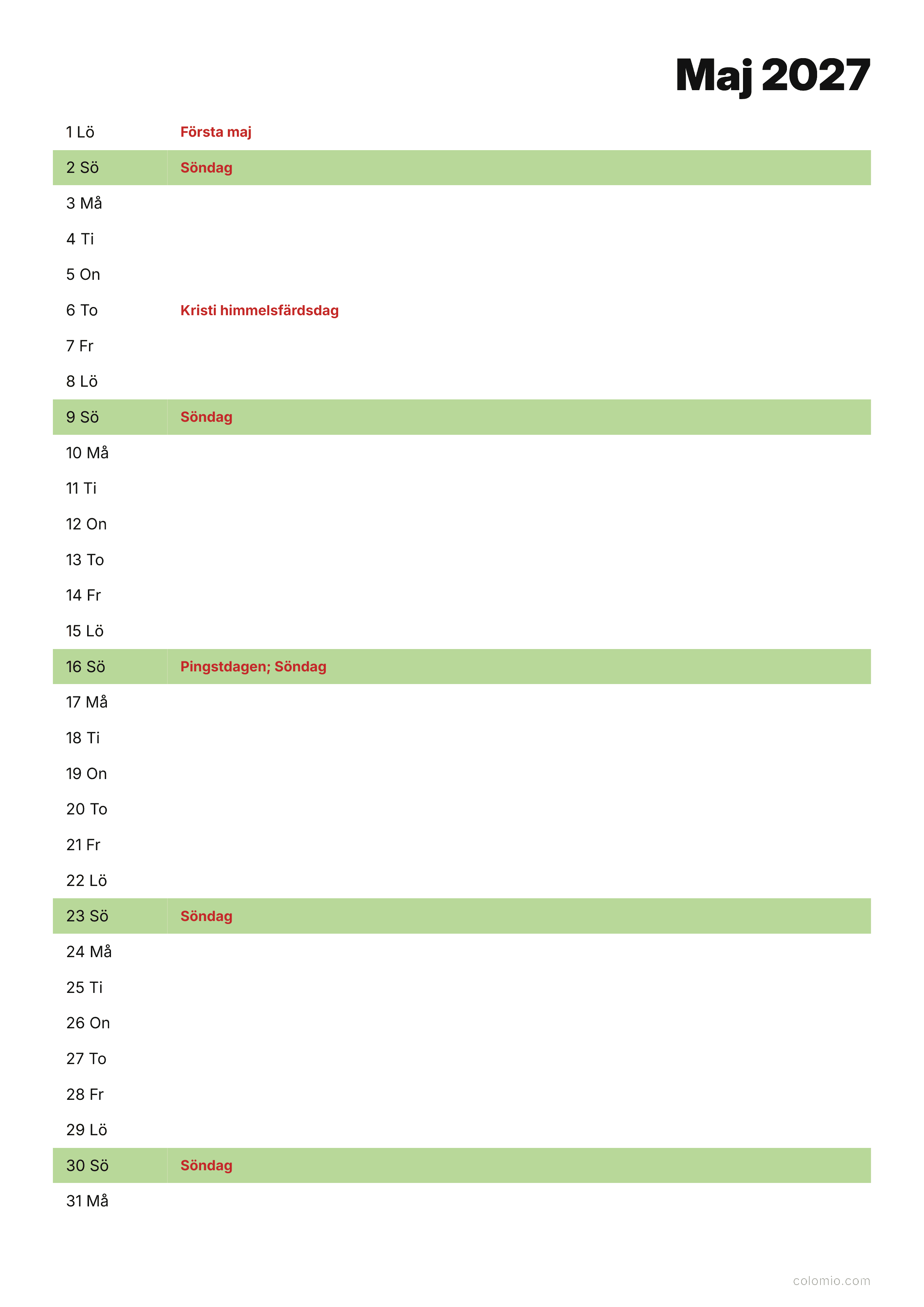 Kalender Maj 2027 agenda · stående, PDF att skriva ut
