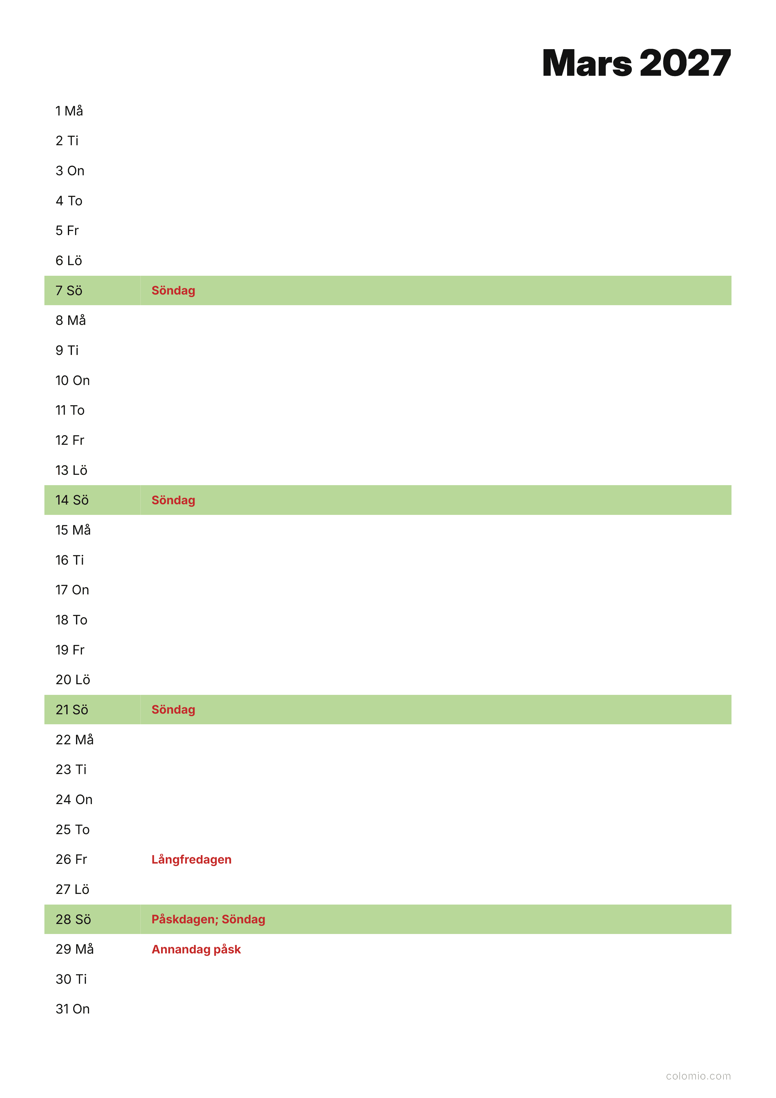 Kalender Mars 2027 agenda · stående, PDF att skriva ut
