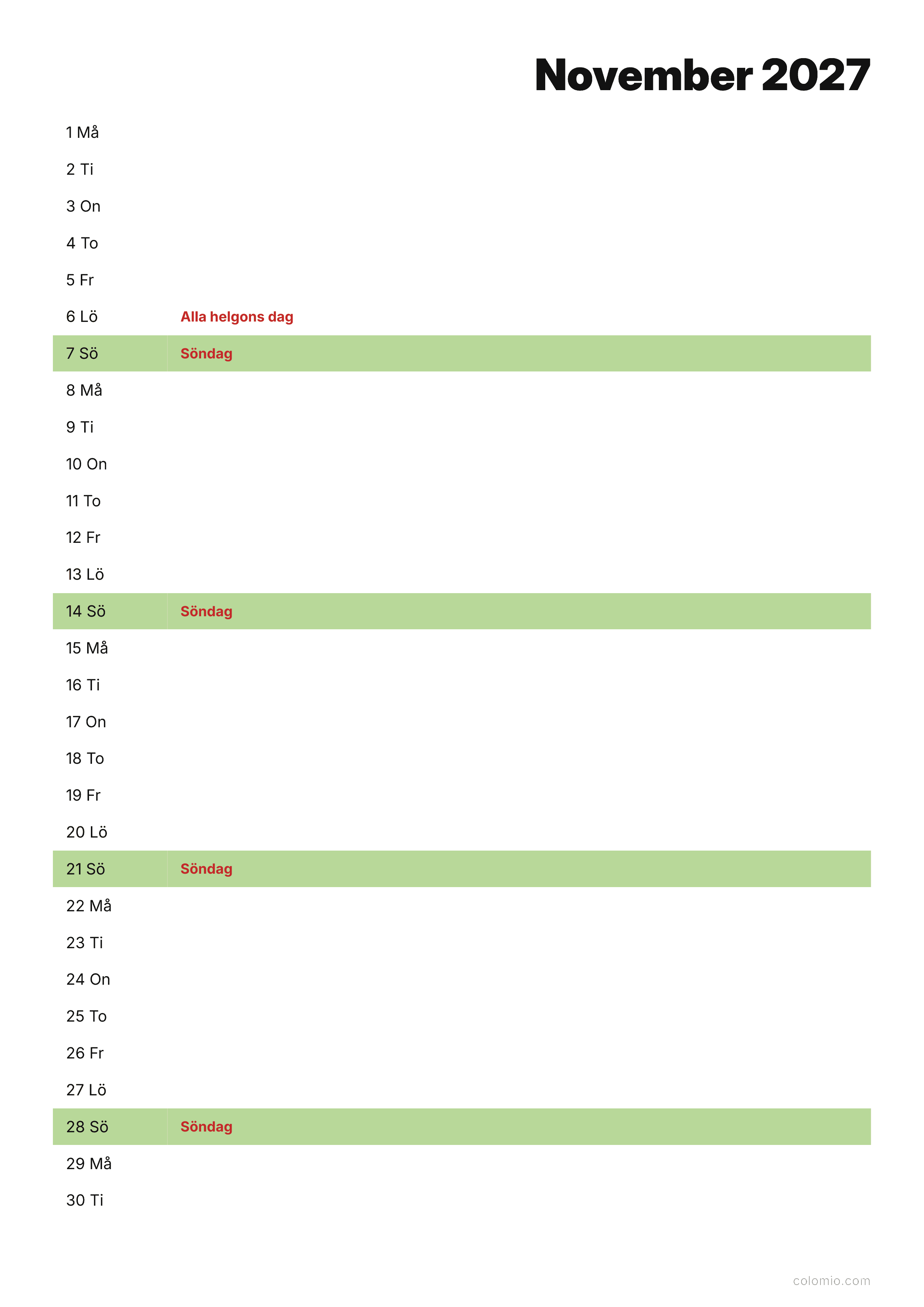 Kalender November 2027 agenda · stående, PDF att skriva ut