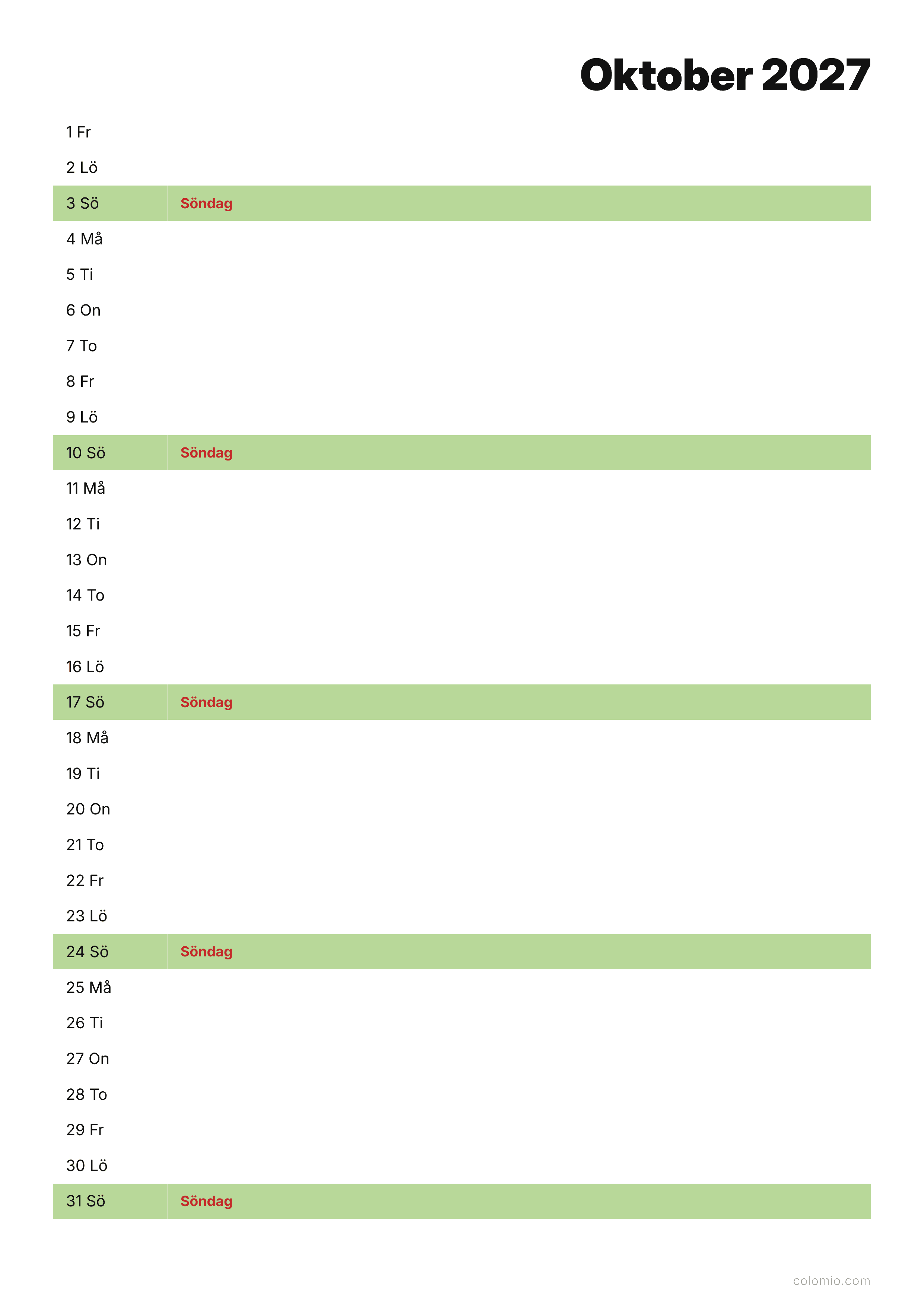 Kalender Oktober 2027 agenda · stående, PDF att skriva ut