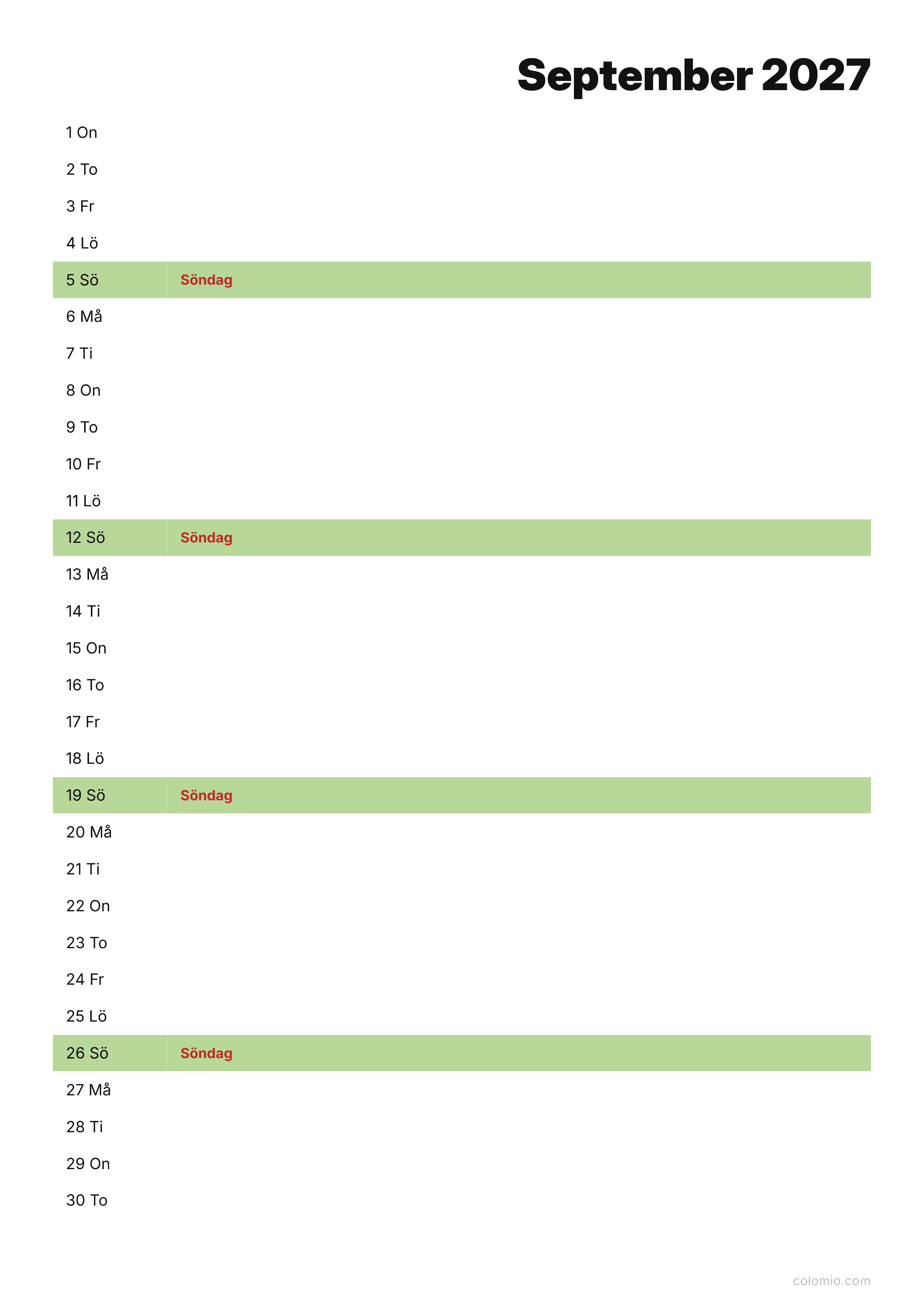 Kalender September 2027 agenda · stående, PDF att skriva ut