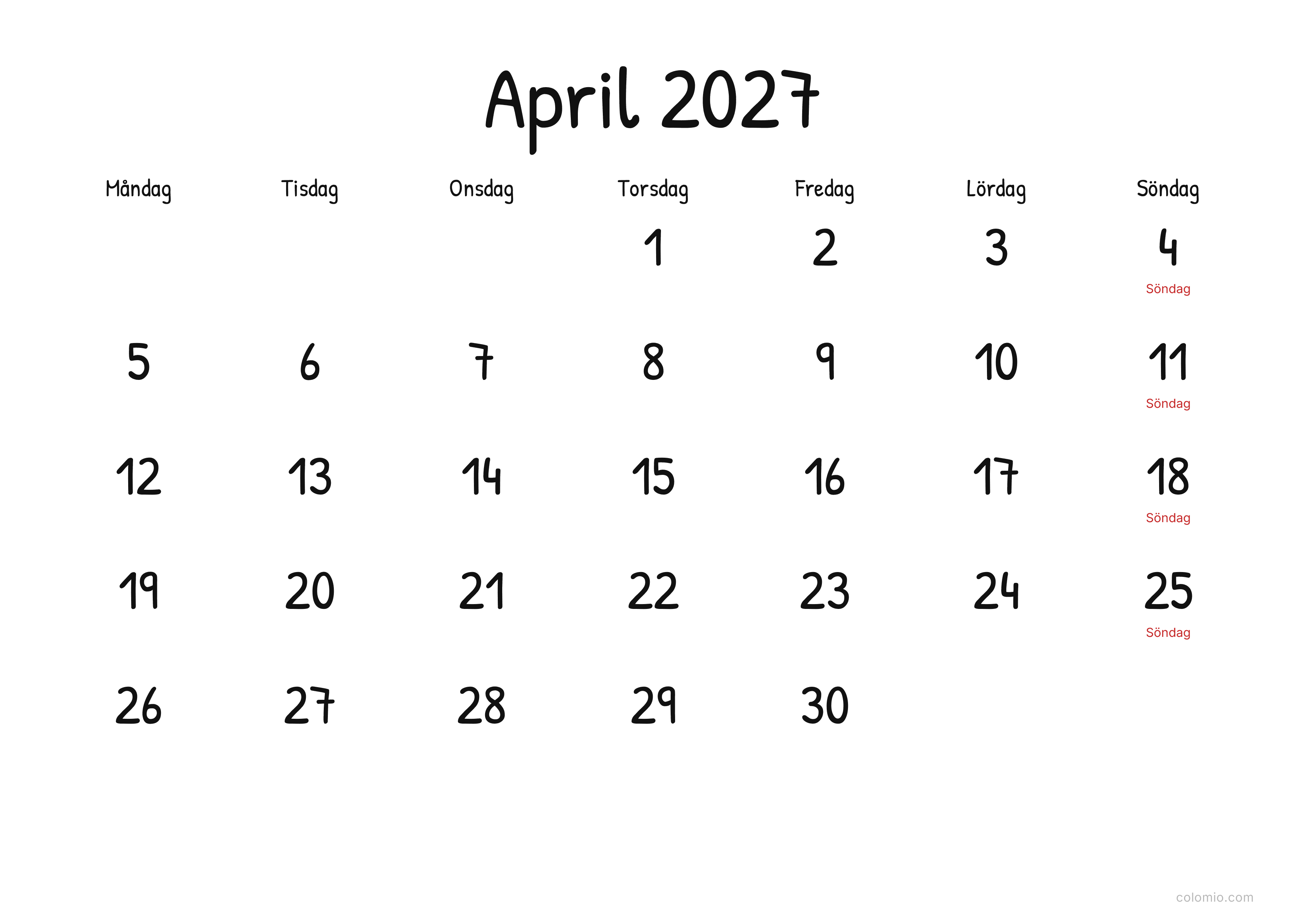 Kalender April 2027 display · liggande, PDF att skriva ut