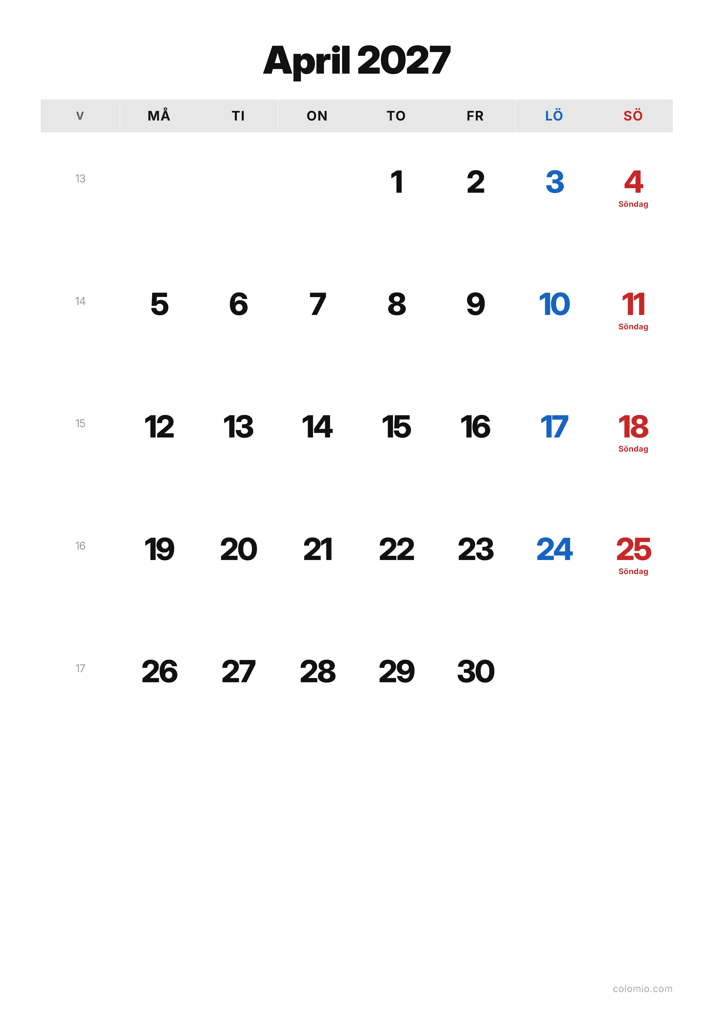 Kalender April 2027 klassisk · stående, PDF att skriva ut