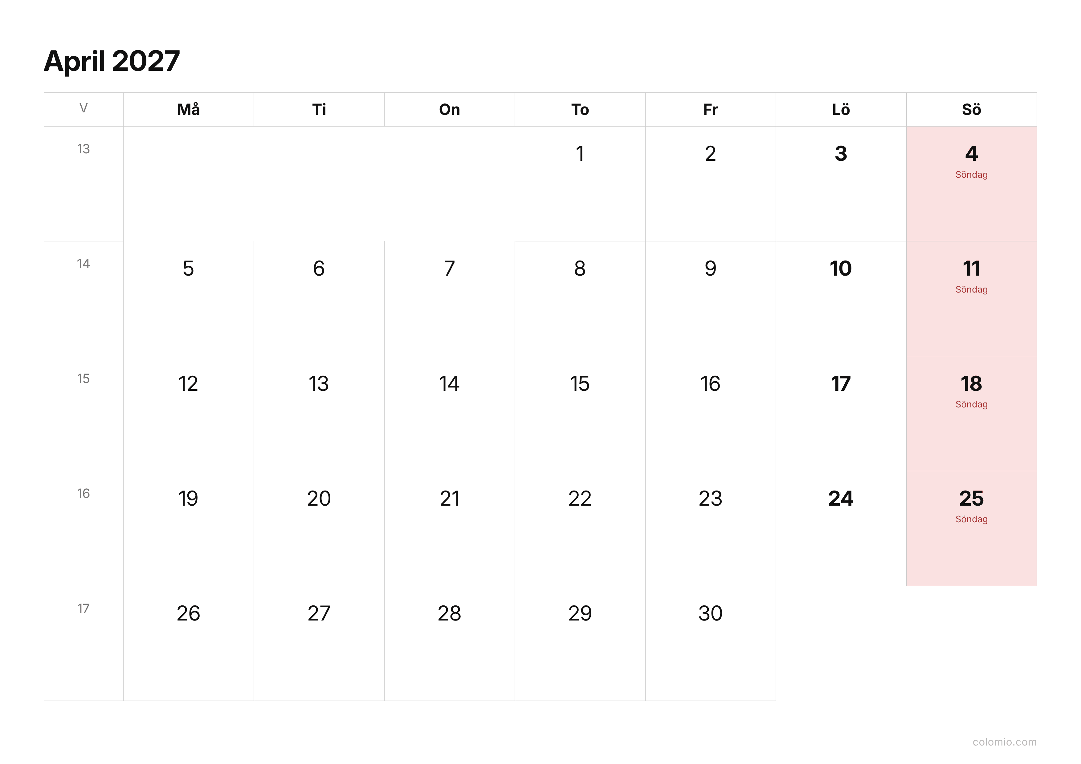 Kalender April 2027 enkel · liggande, PDF att skriva ut