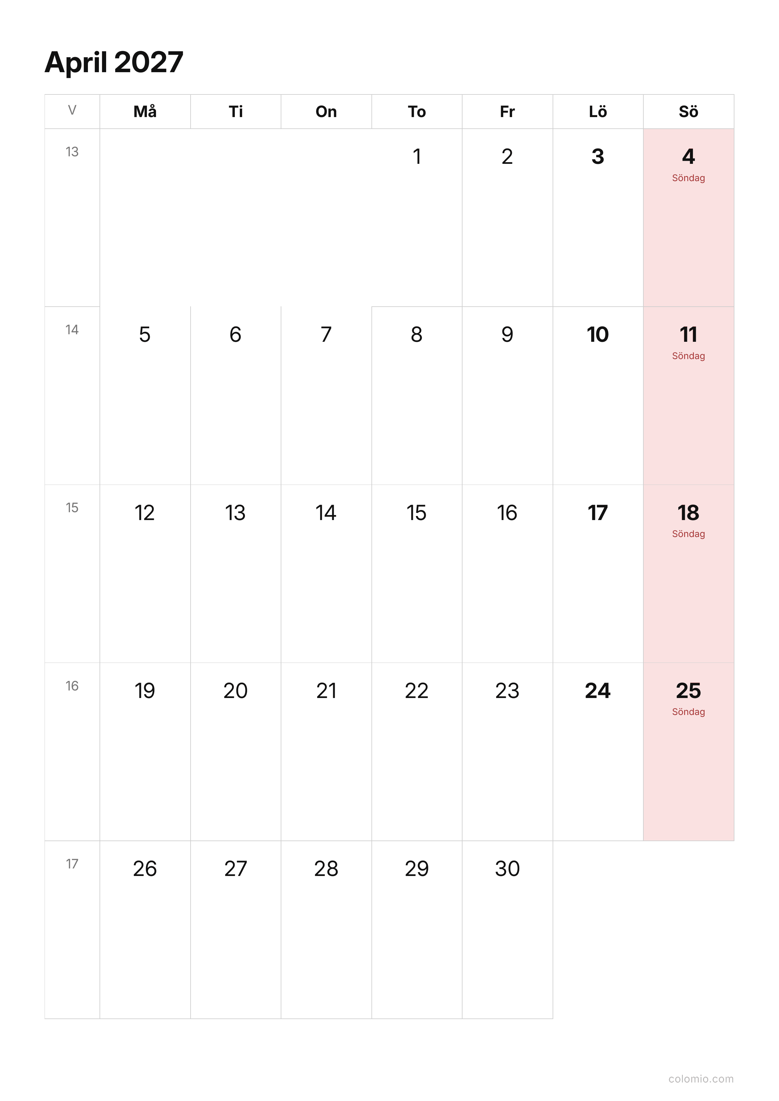 Kalender April 2027 enkel · stående, PDF att skriva ut