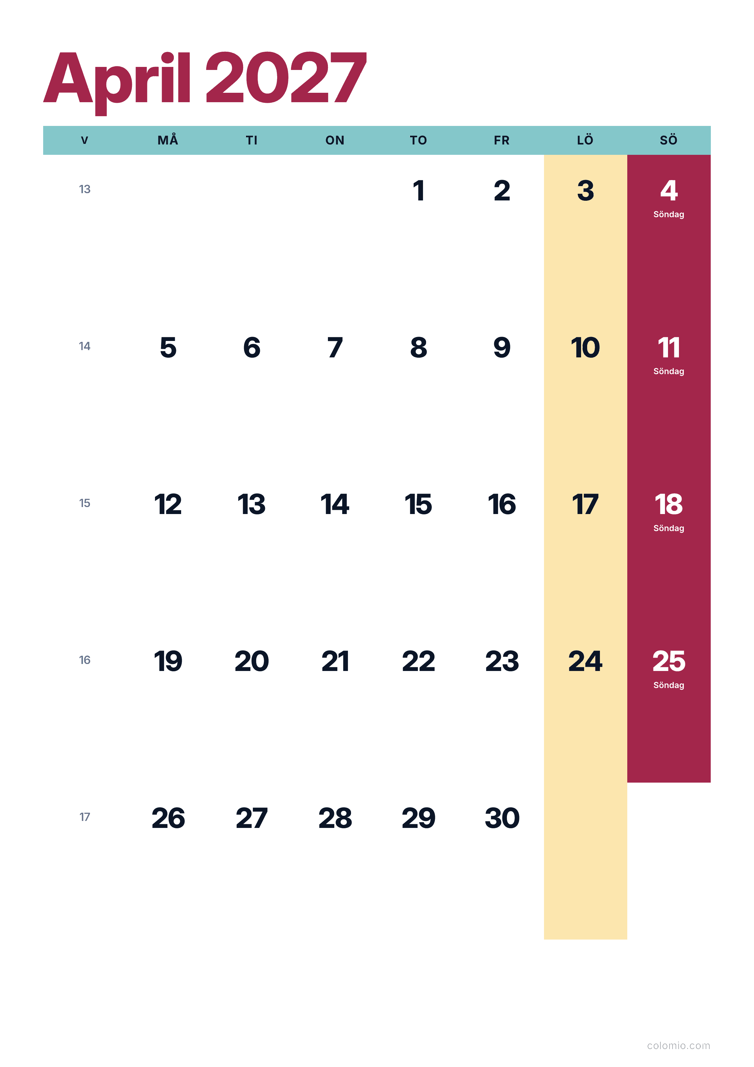 Kalender April 2027 färgglad & modern · stående, PDF att skriva ut