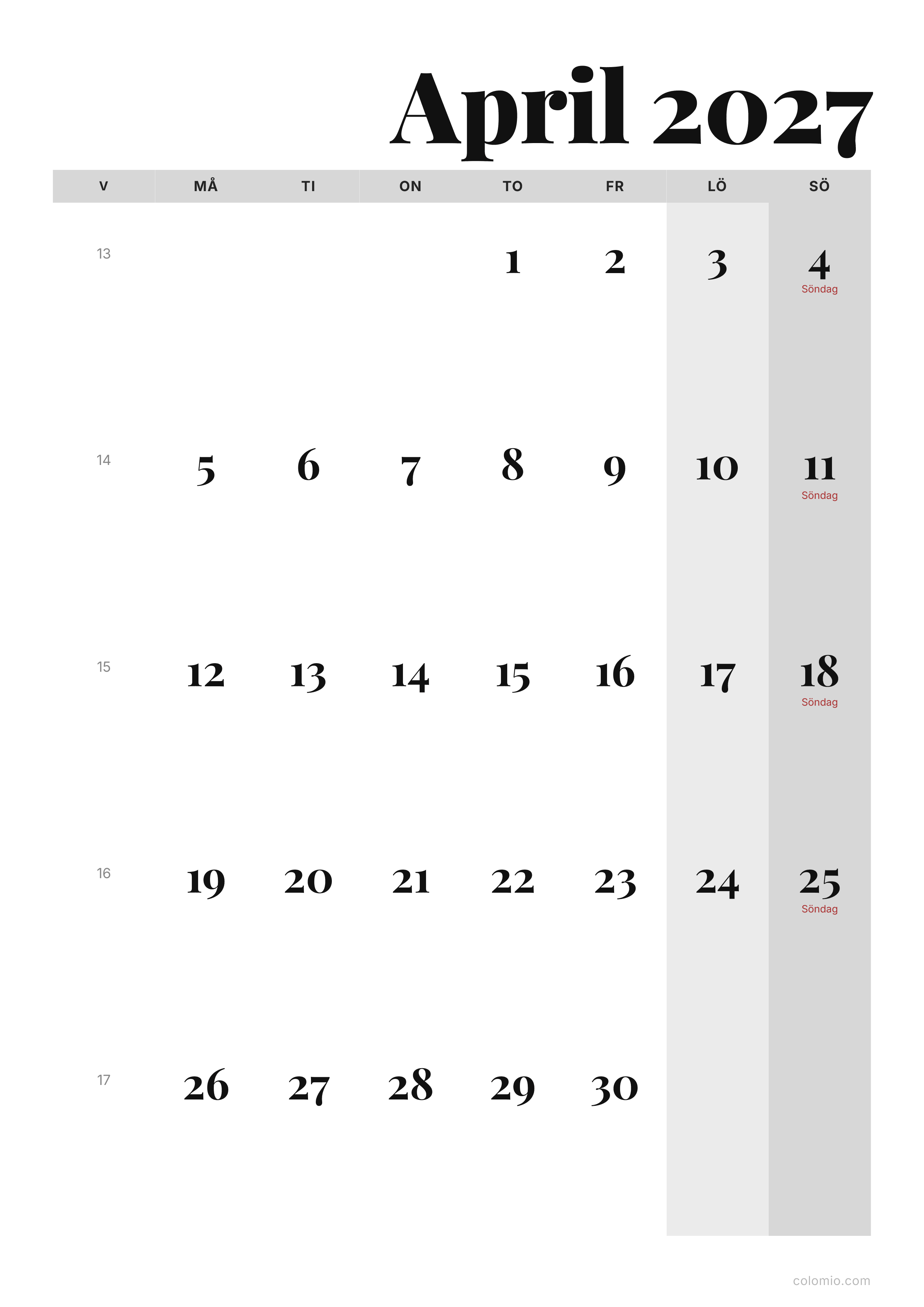Kalender April 2027 redaktionell · stående, PDF att skriva ut